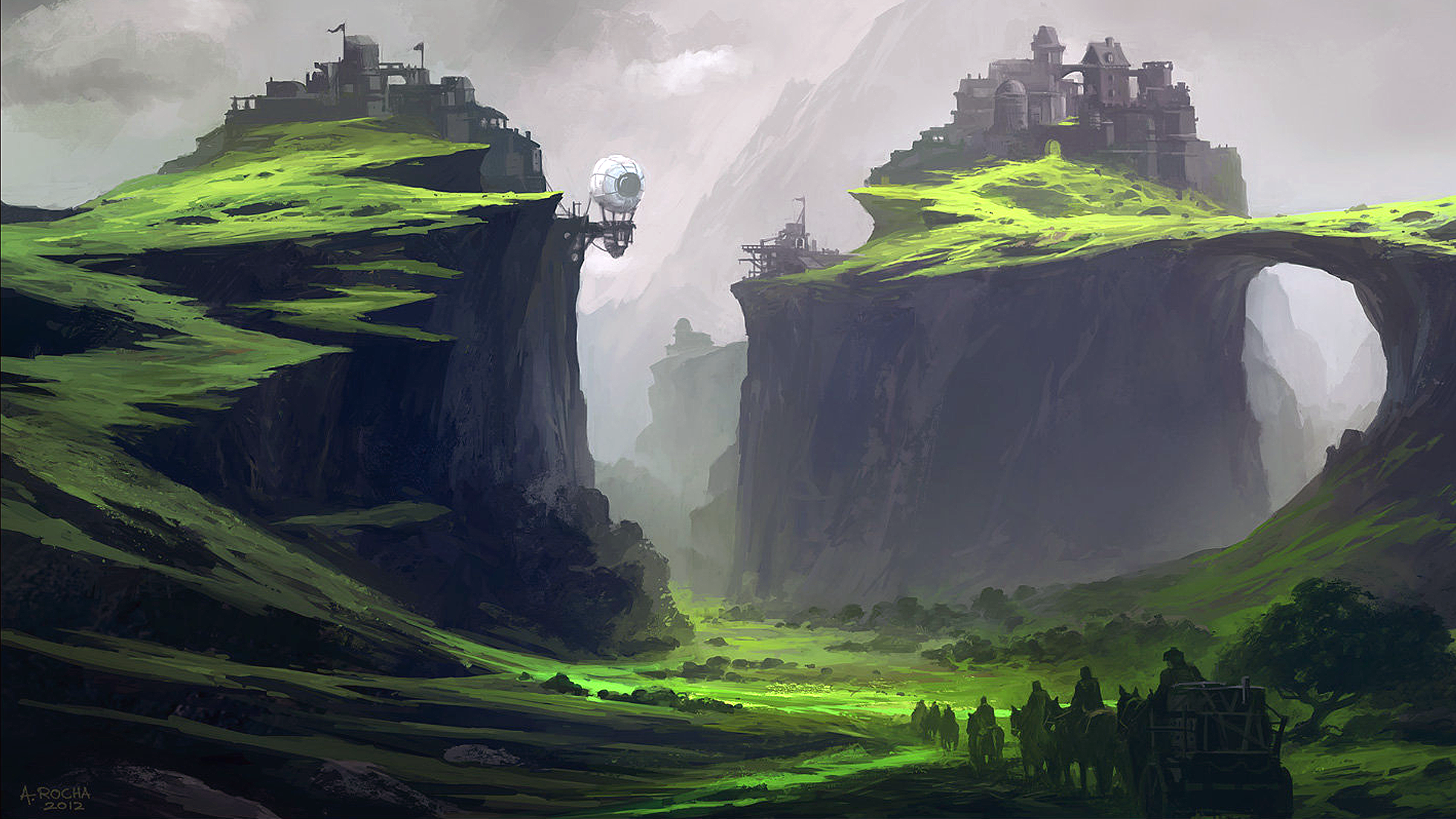 Fantasy landscape with castles and a Zeppelin by Andreas Rocha HD Wallpaper