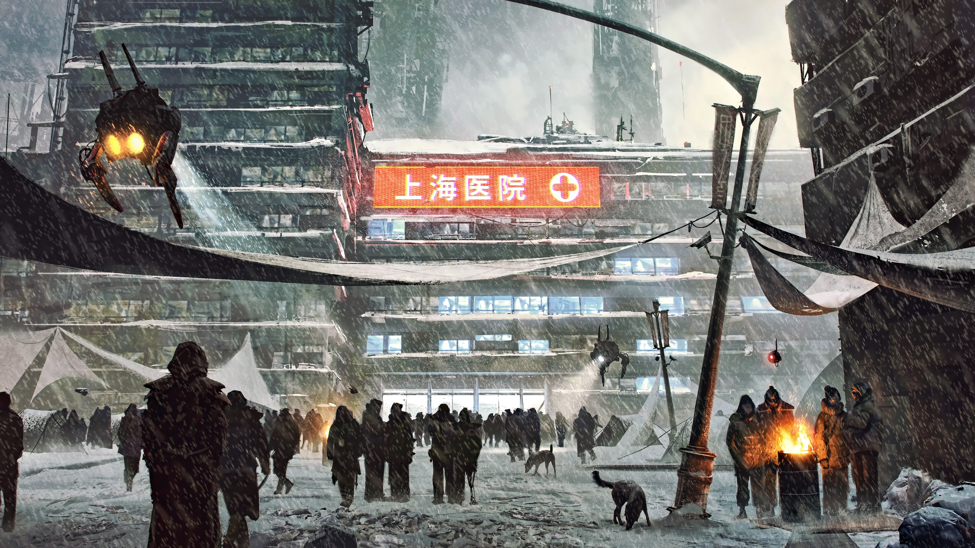 Cyberpunk Shanghai Hospital in Snow HD Wallpaper