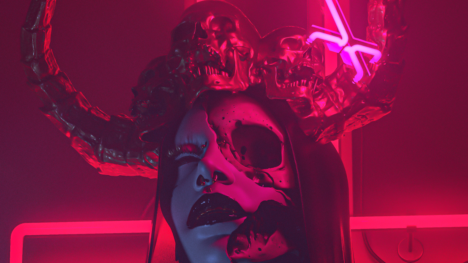 Cyberpunk Skull with Horns and Neon Lights HD Wallpaper