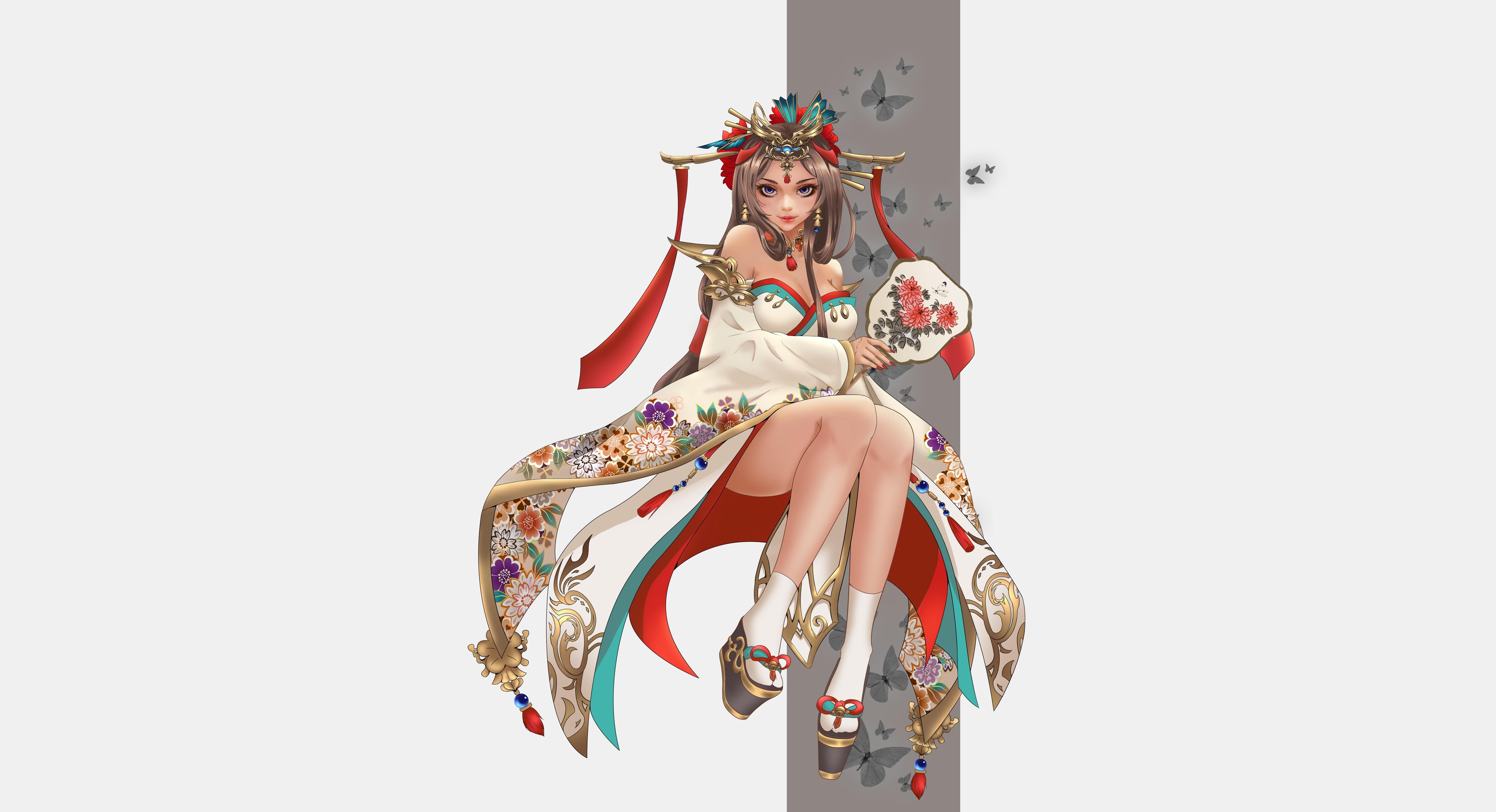 Fantasy girl in traditional Japanese attire with fan HD Wallpaper