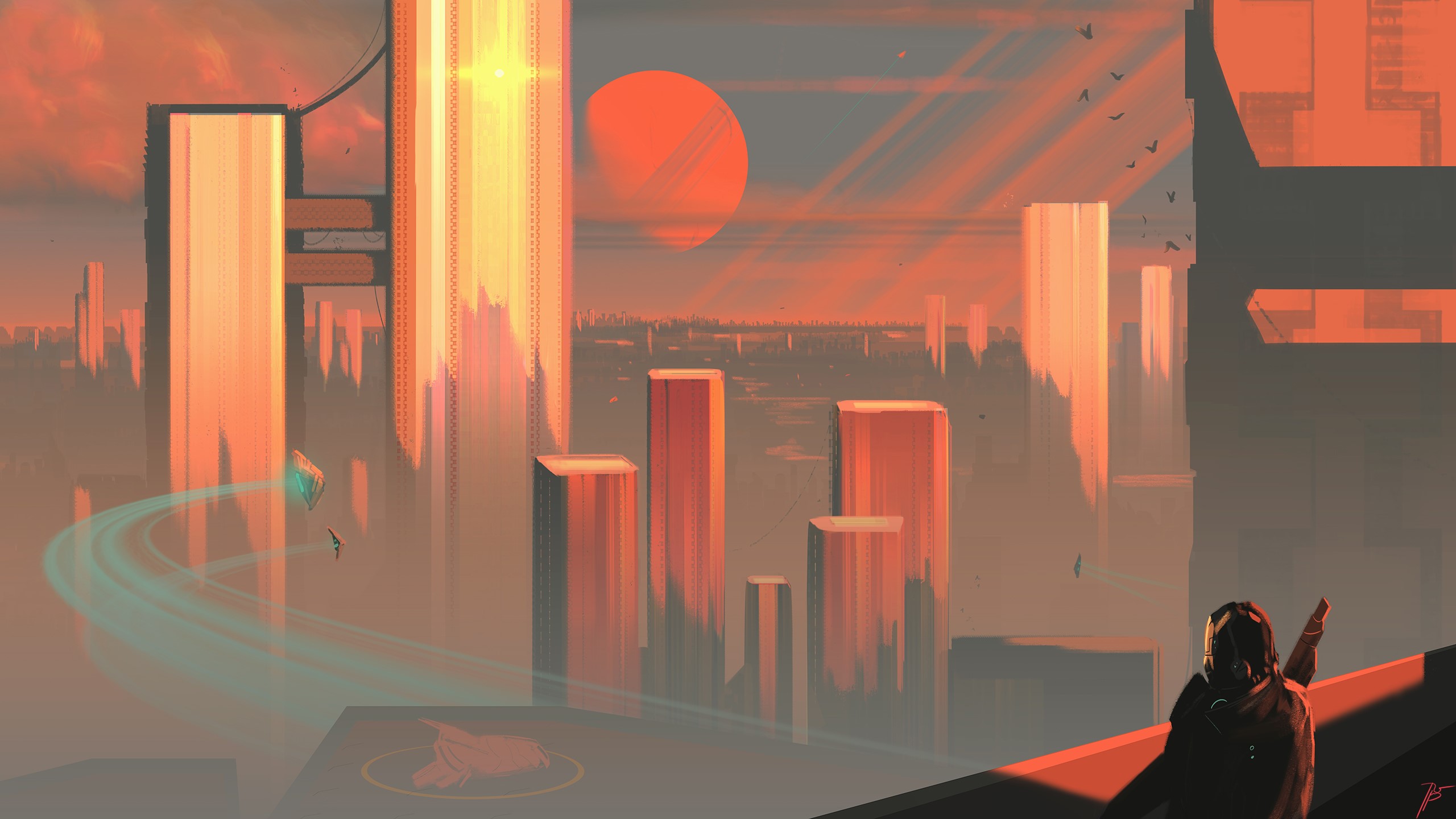 Futuristic cityscape with a red sun and a lone figure HD Wallpaper