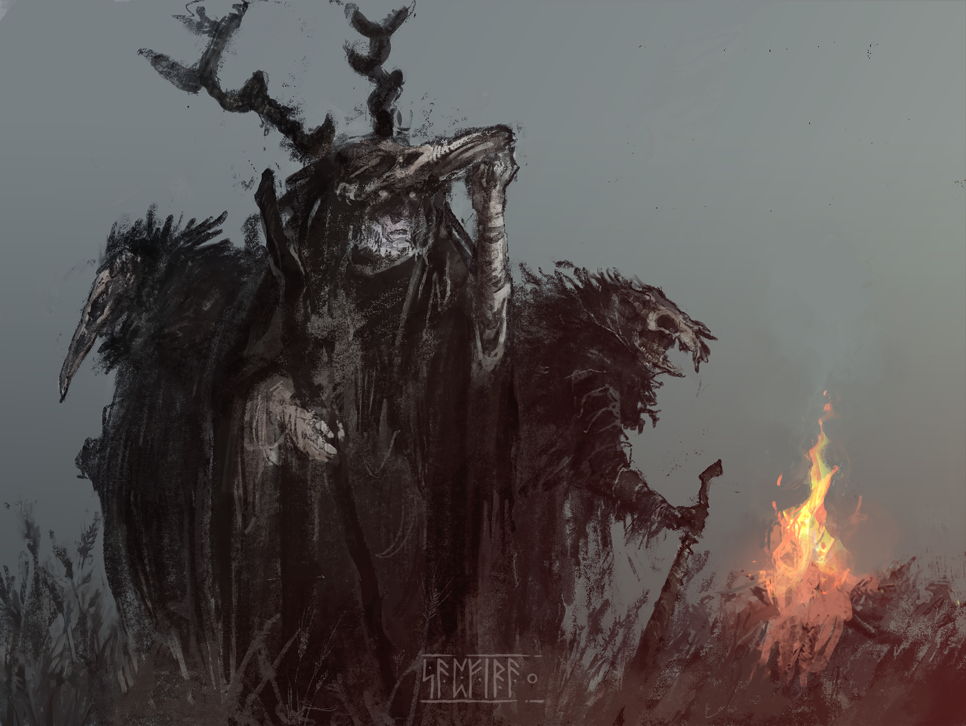 Creepy creature with antlers and mask by fire HD Wallpaper
