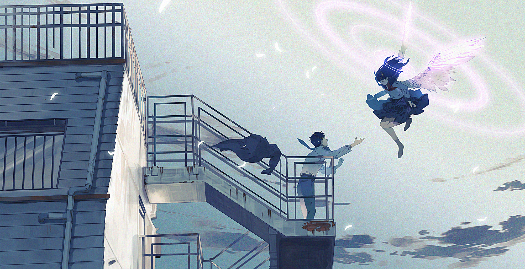 Anime angel girl saves boy falling from building HD Wallpaper