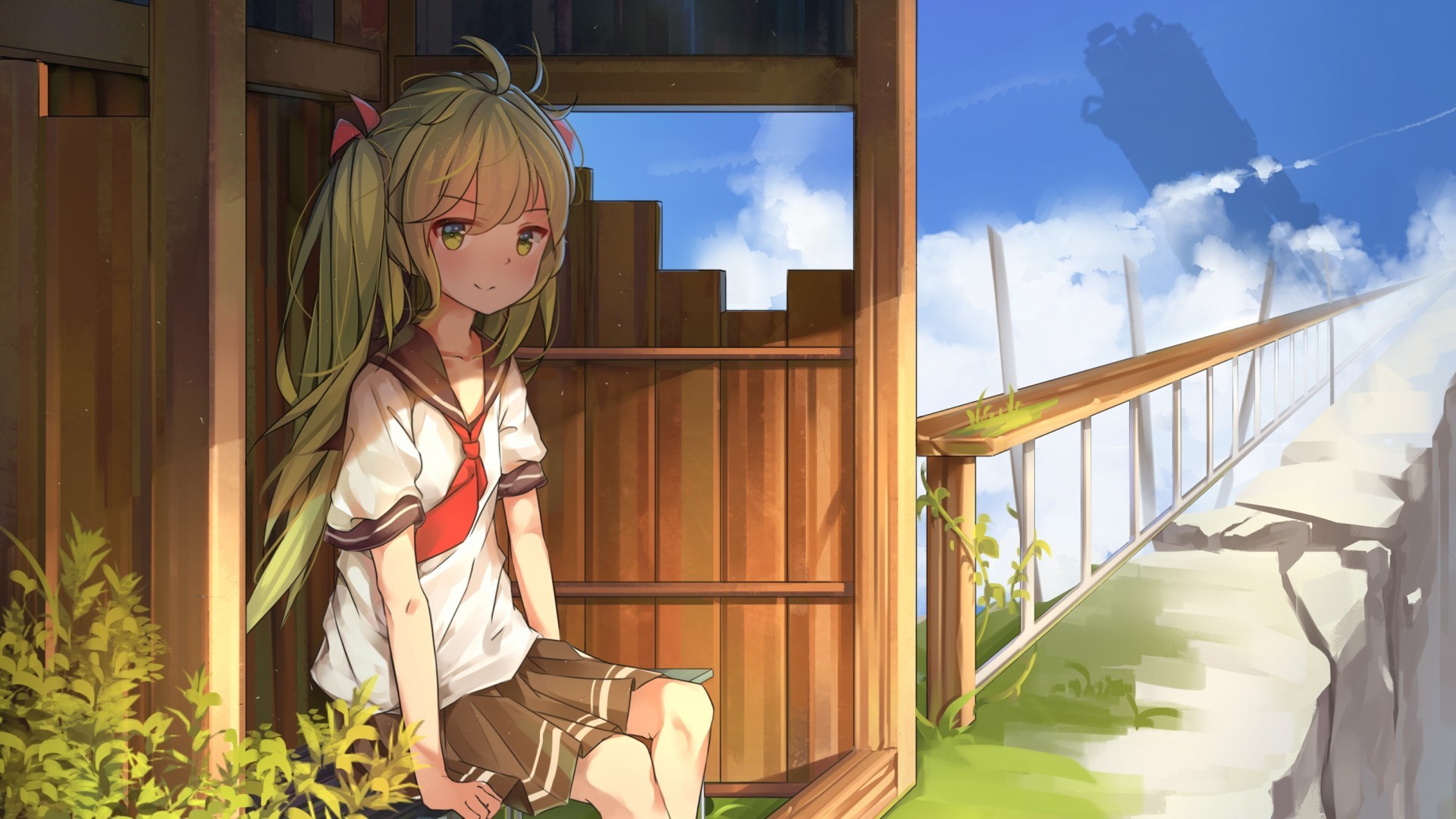 Anime girl in school uniform sitting by wooden structure HD Wallpaper