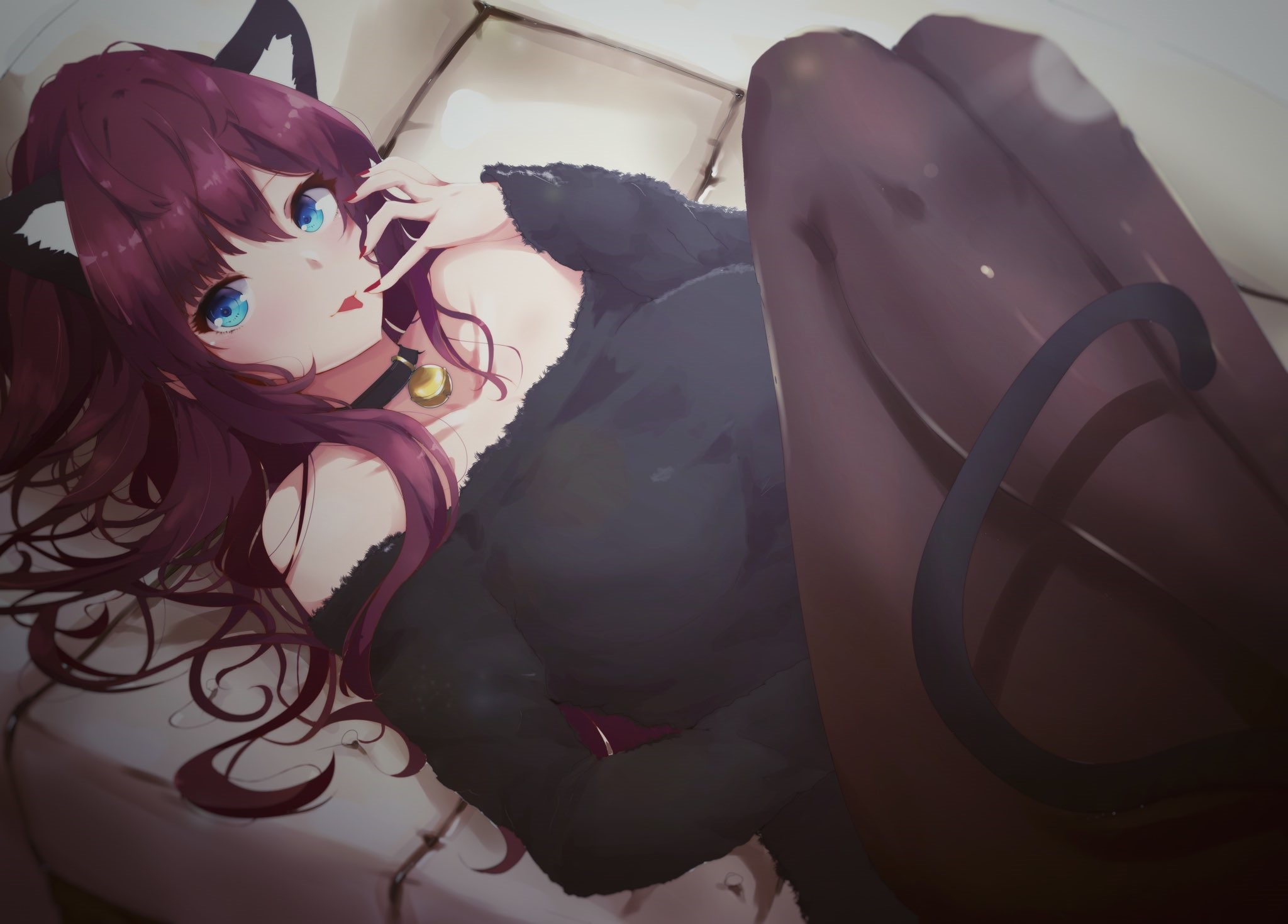 Anime girl with cat ears and long hair lying down HD Wallpaper