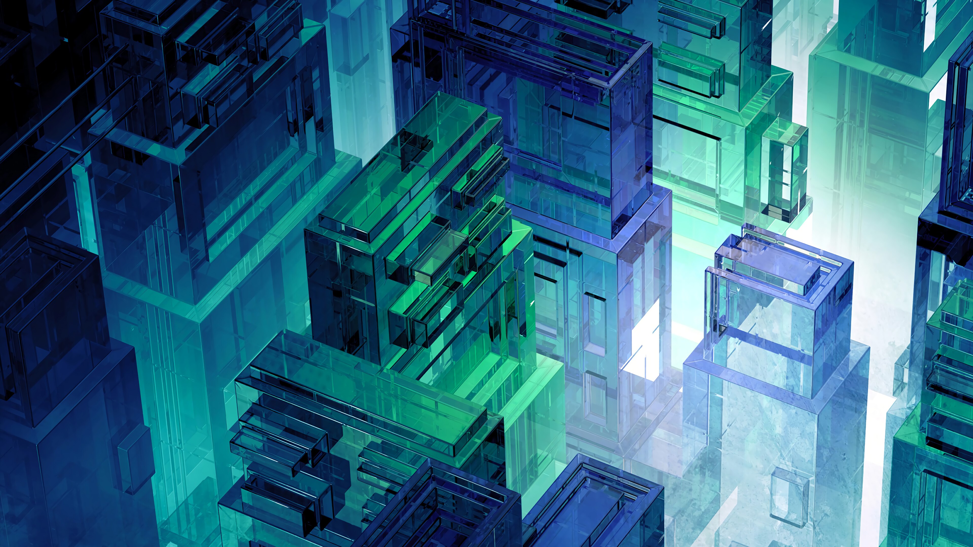Abstract 3D digital art with blue and cyan geometric shapes HD Wallpaper