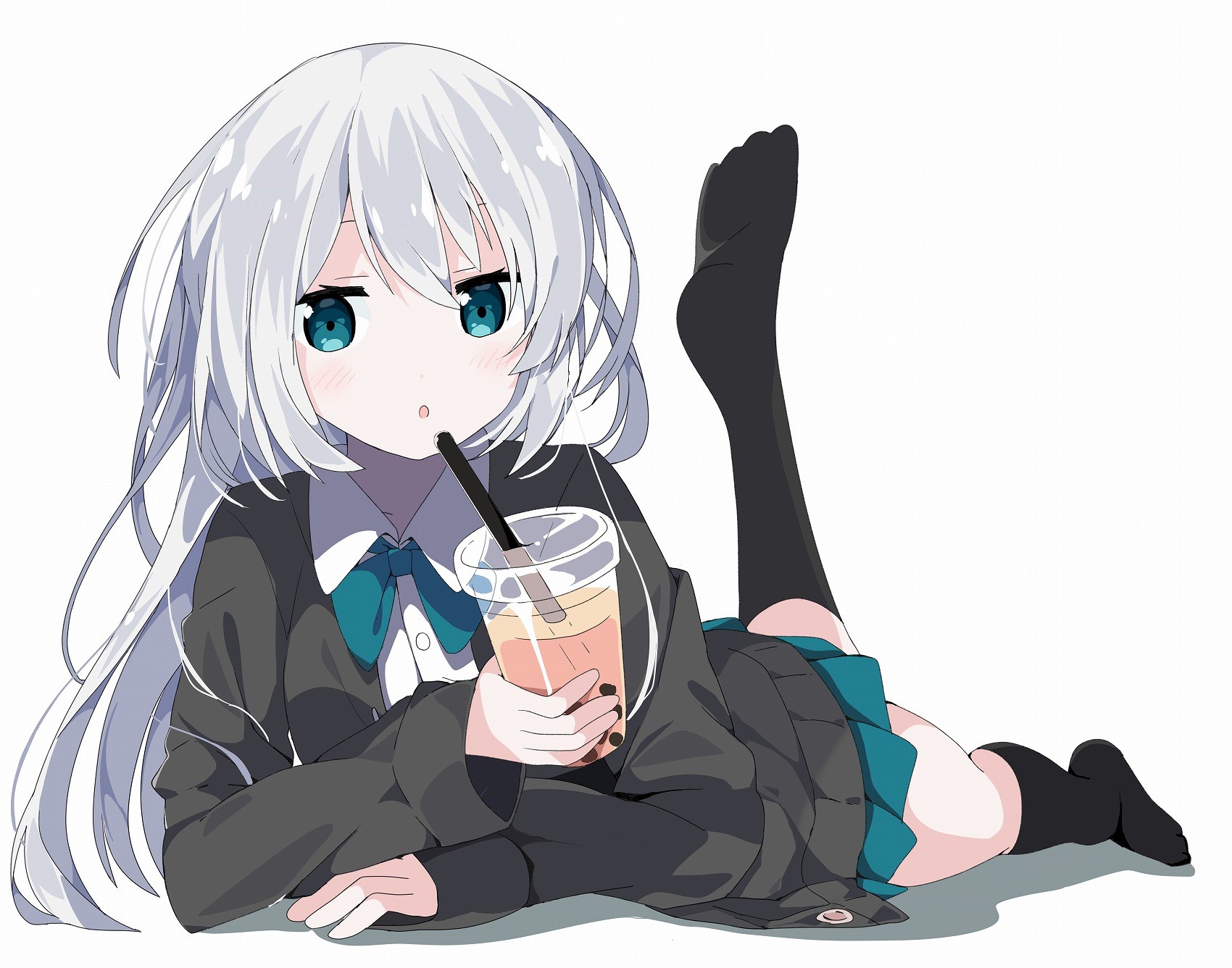 Anime girl with white hair drinking bubble tea HD Wallpaper