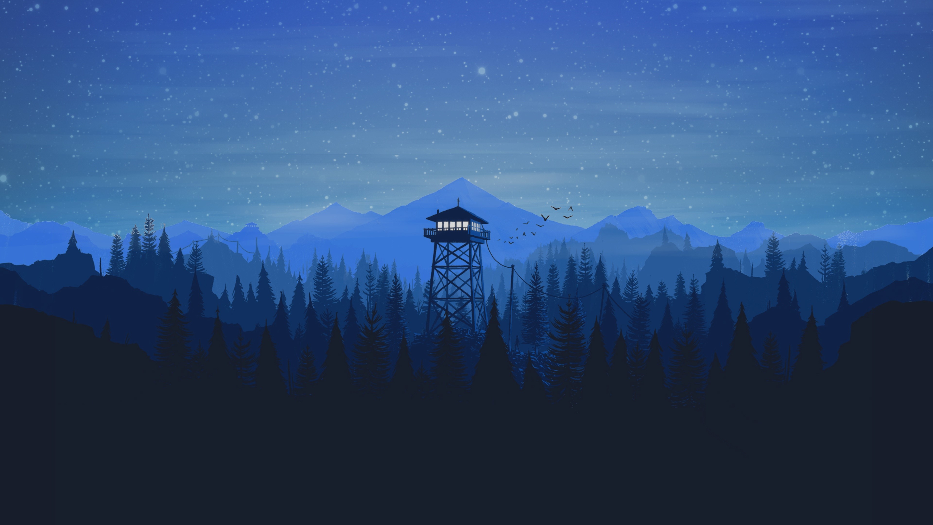 Firewatch tower in a starry mountain forest at night HD Wallpaper