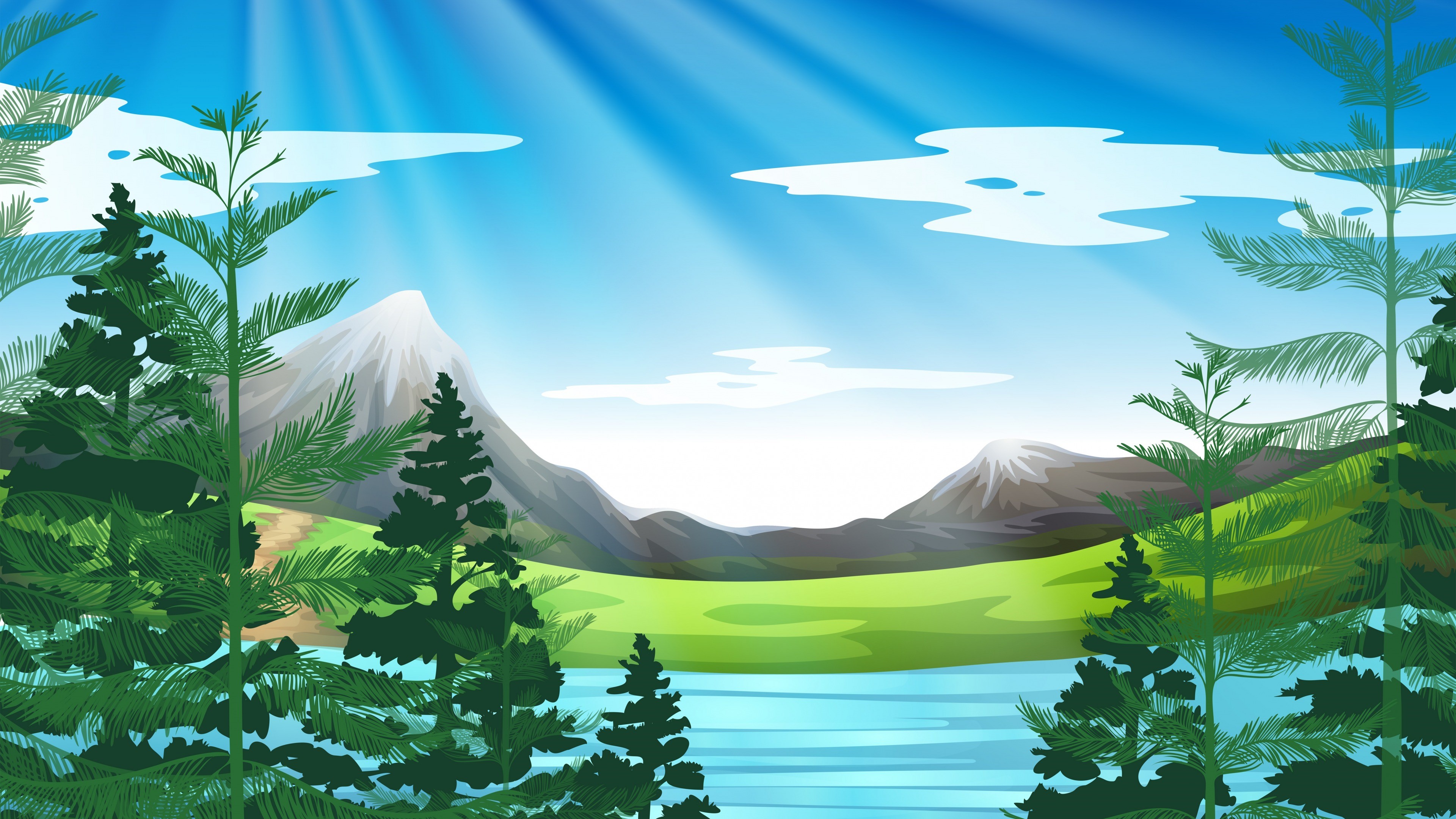 4K Nature Landscape Drawing with Mountains and Water HD Wallpaper