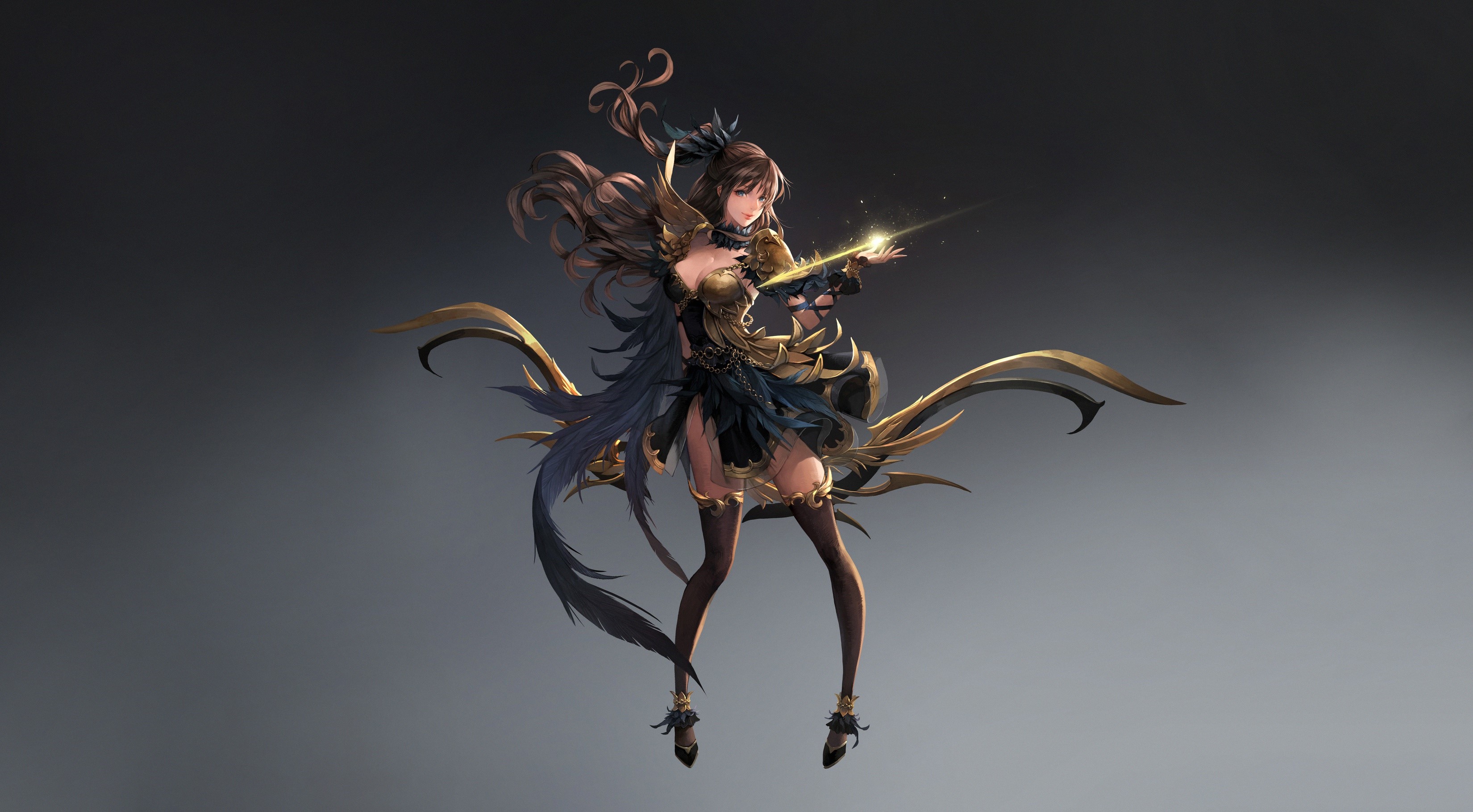 Fantasy girl with golden armor and dark dress HD Wallpaper