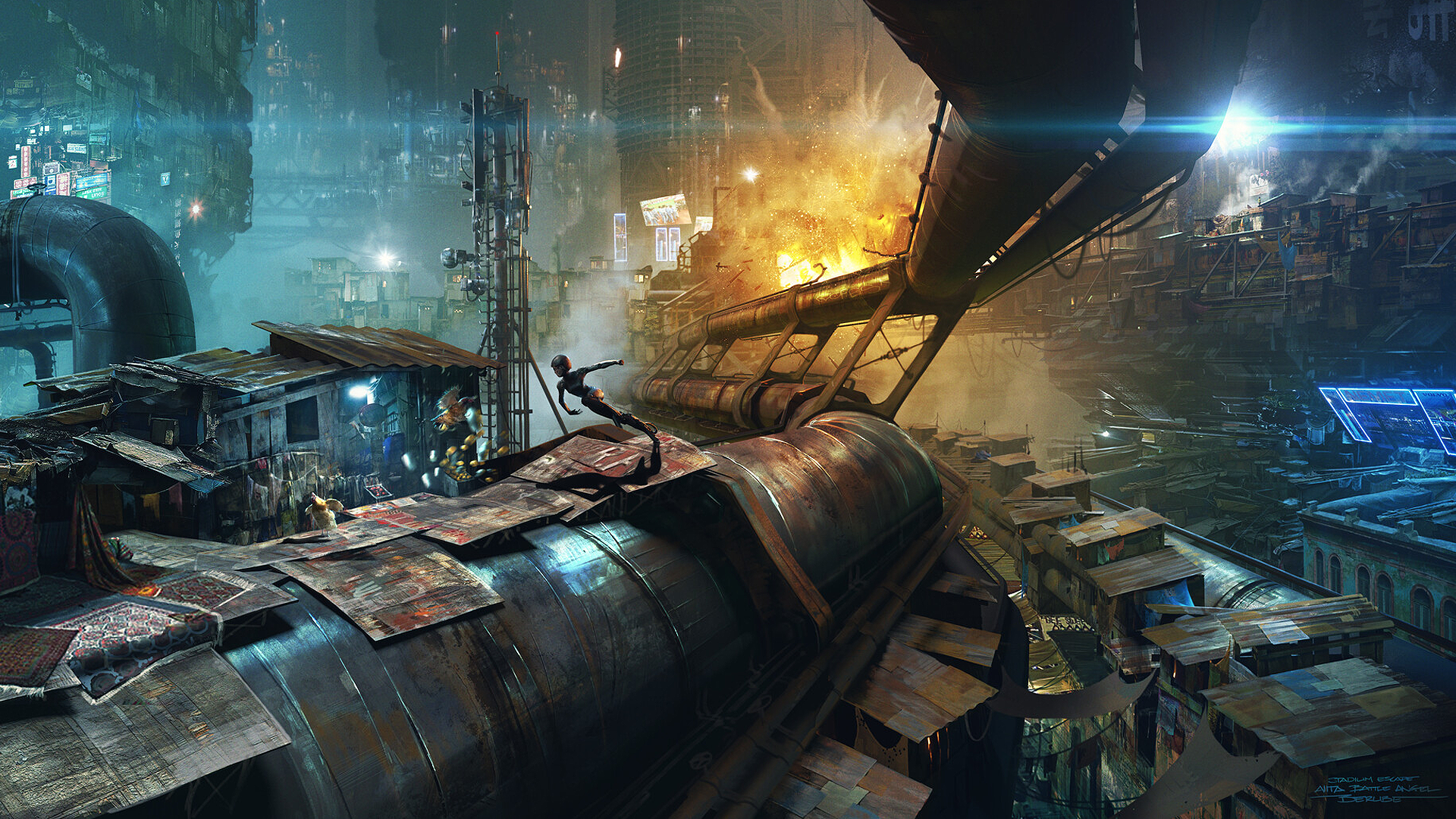 Battle Angel Alita in a Dystopian Futuristic Cityscape HD Wallpaper