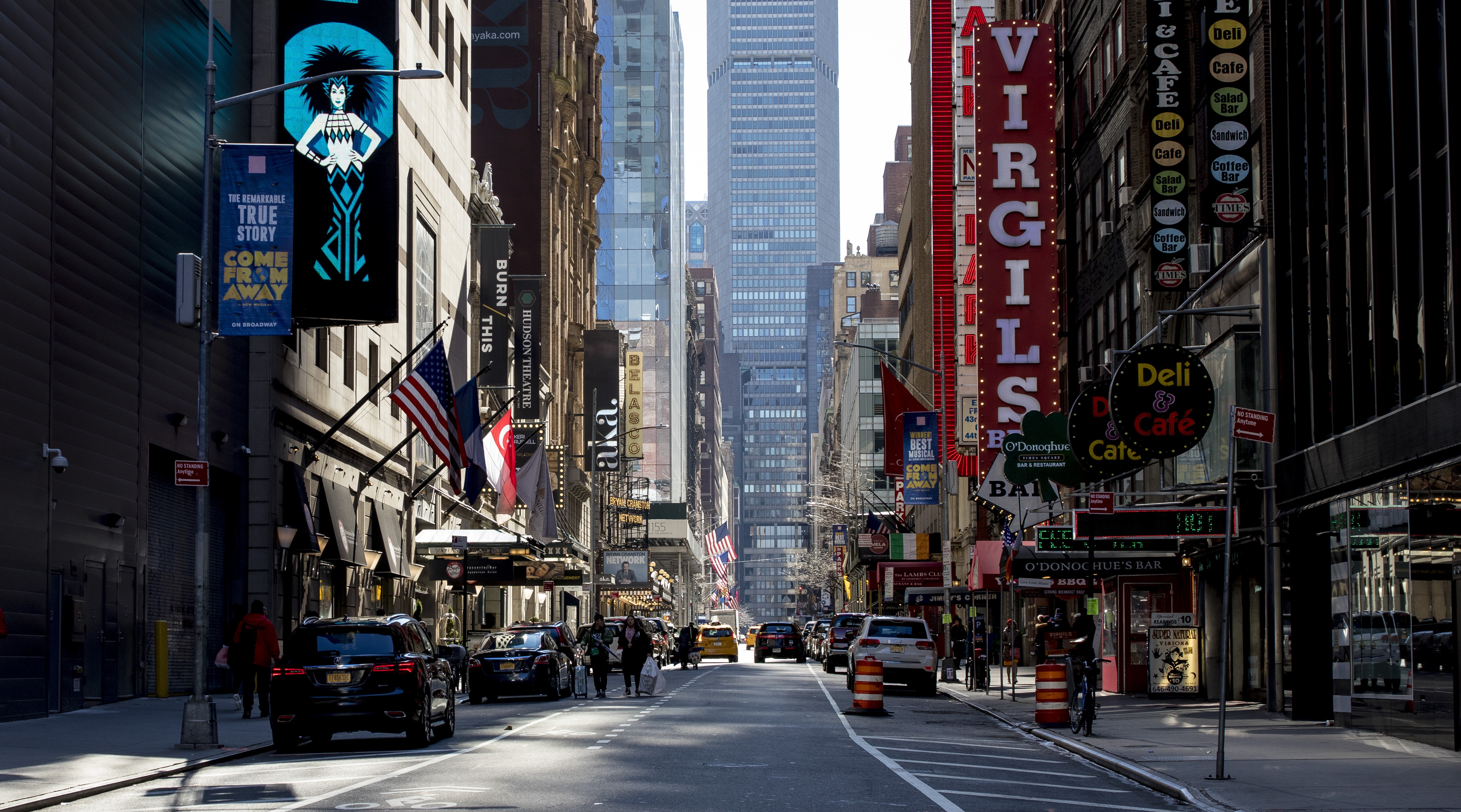 New York City street with theater and deli signs HD Wallpaper