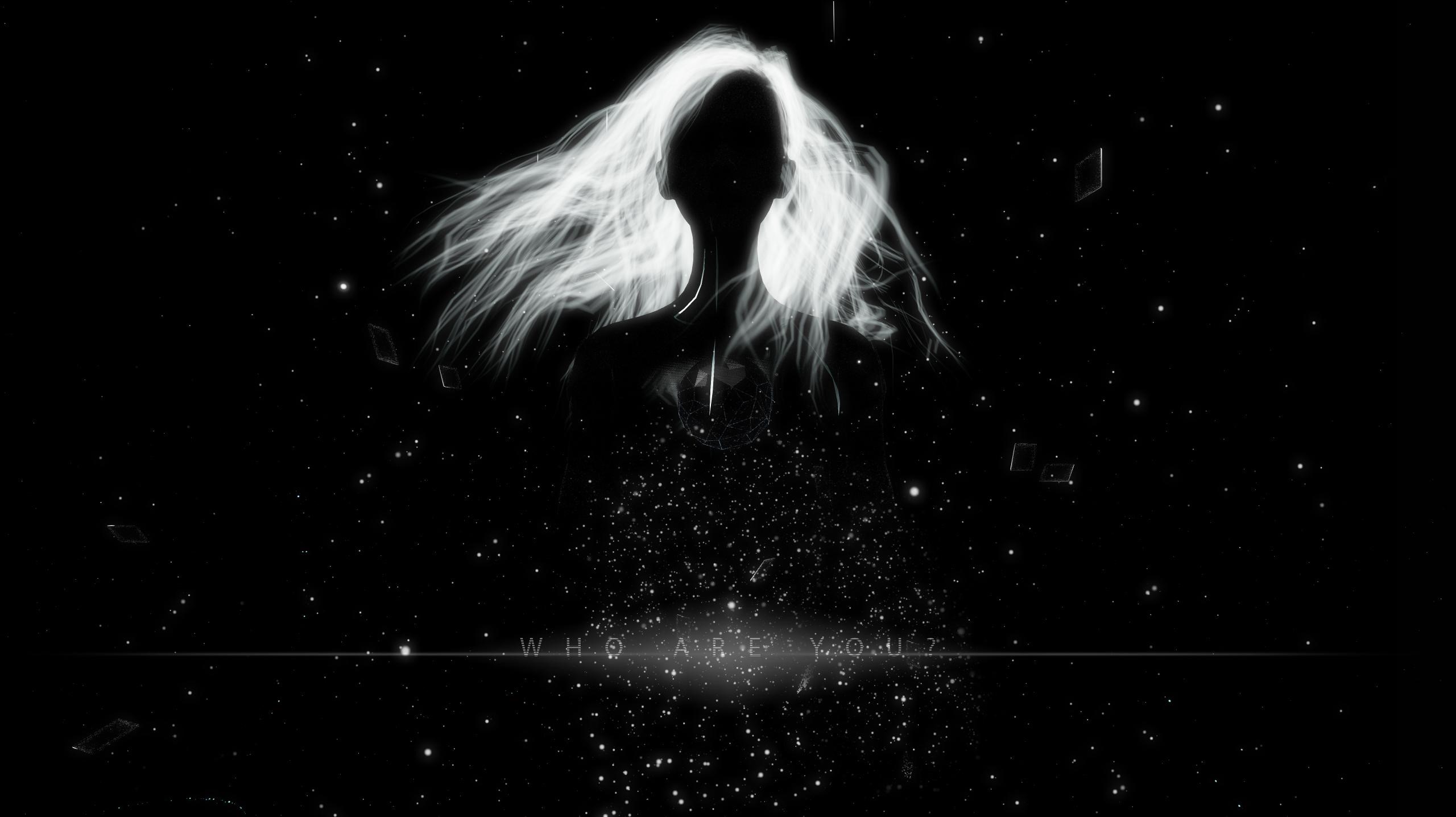 Silhouette of a woman with glowing hair in space HD Wallpaper