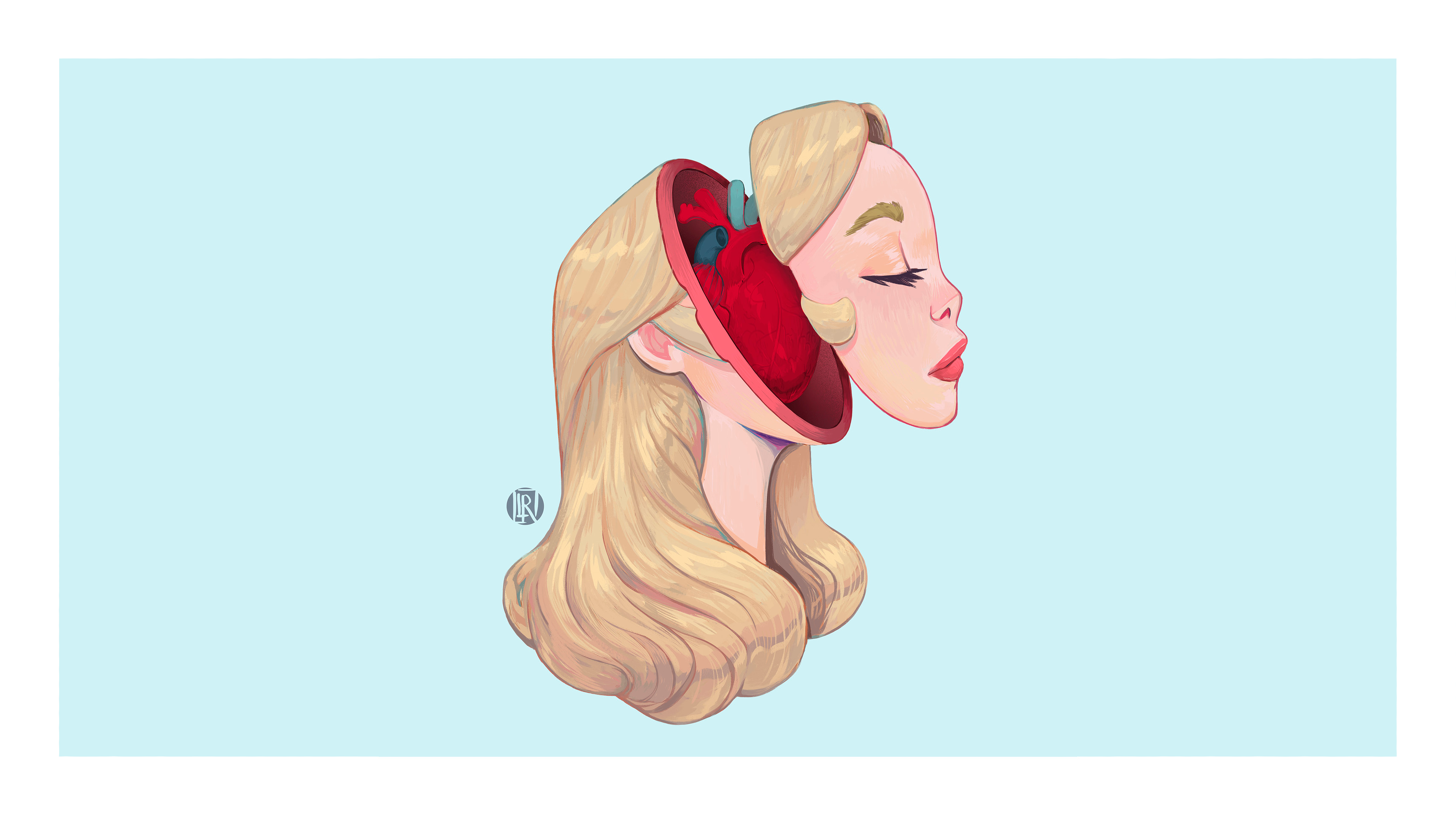 Illustration of a woman with her head open revealing a heart HD Wallpaper