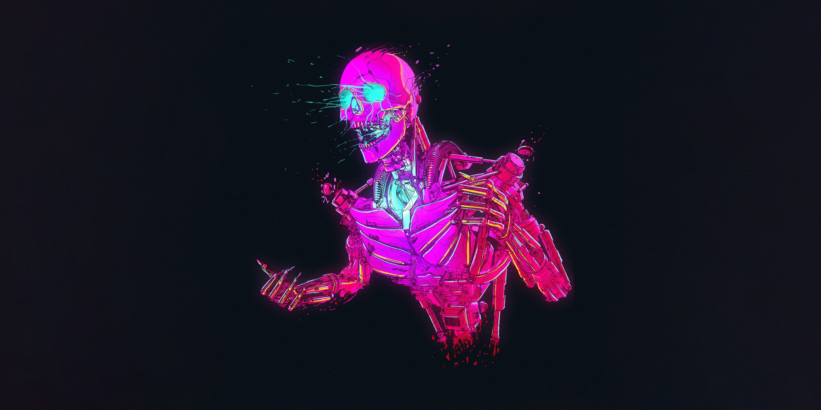 Cyberpunk robot skull with pink and blue neon lights HD Wallpaper