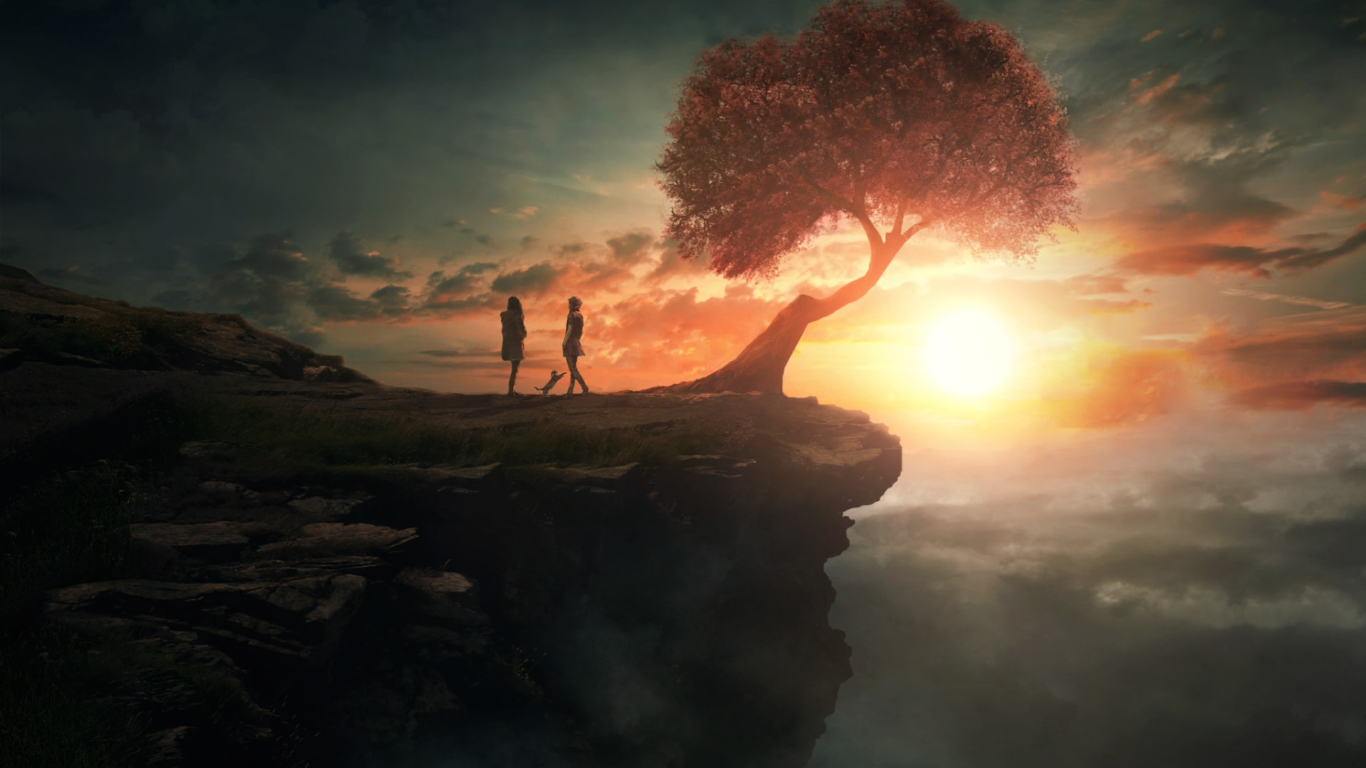 Two people and a tree on a cliff at sunset HD Wallpaper
