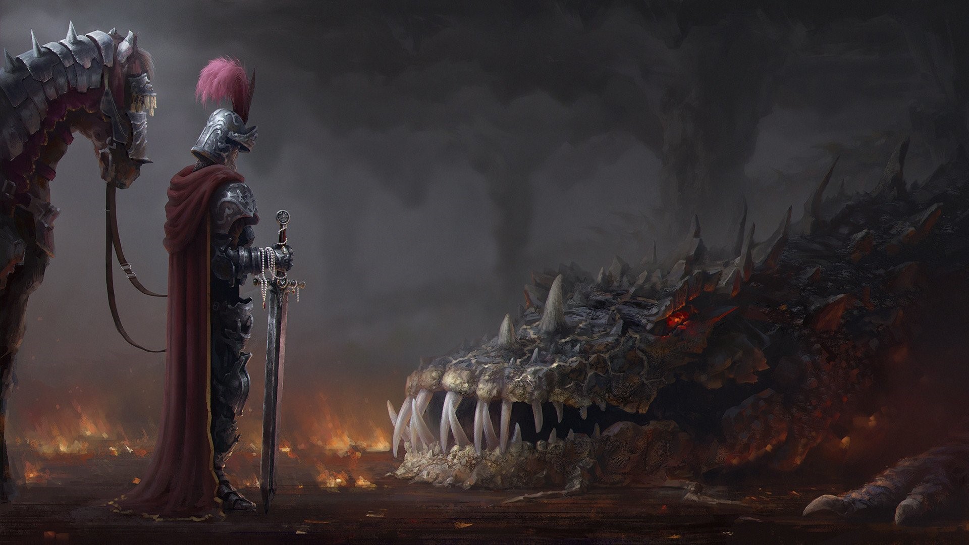 Knight facing a dragon with a horse in the background HD Wallpaper