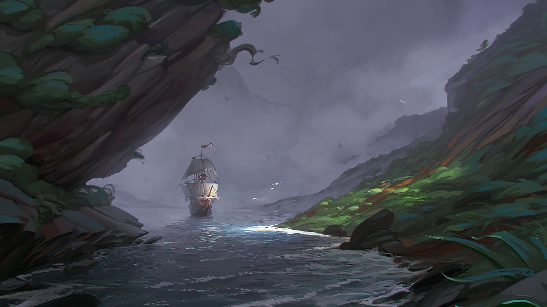 Sailing ship navigating a rocky cove with lush vegetation HD Wallpaper
