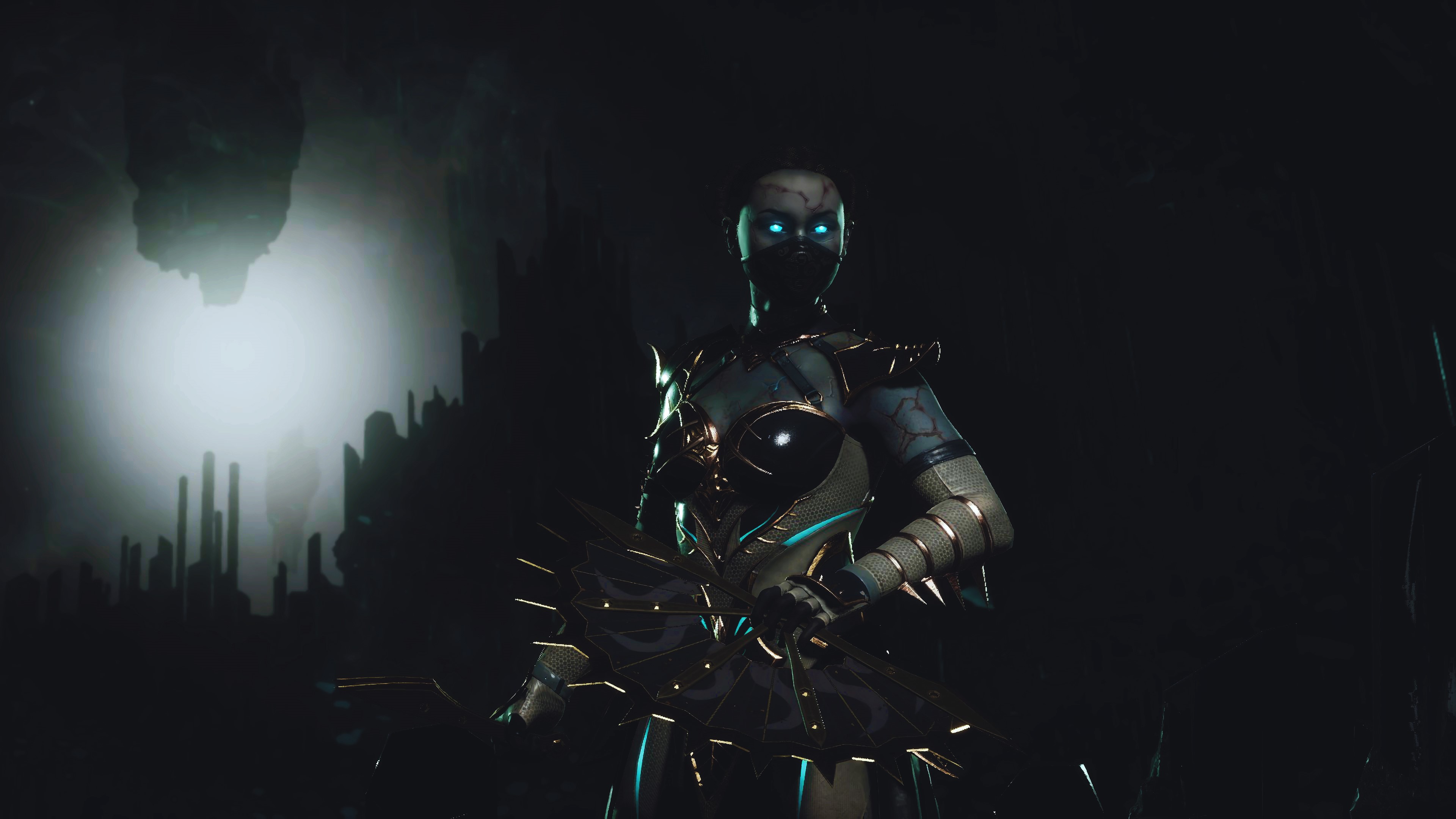 Kitana from Mortal Kombat 11 in a dark cave HD Wallpaper