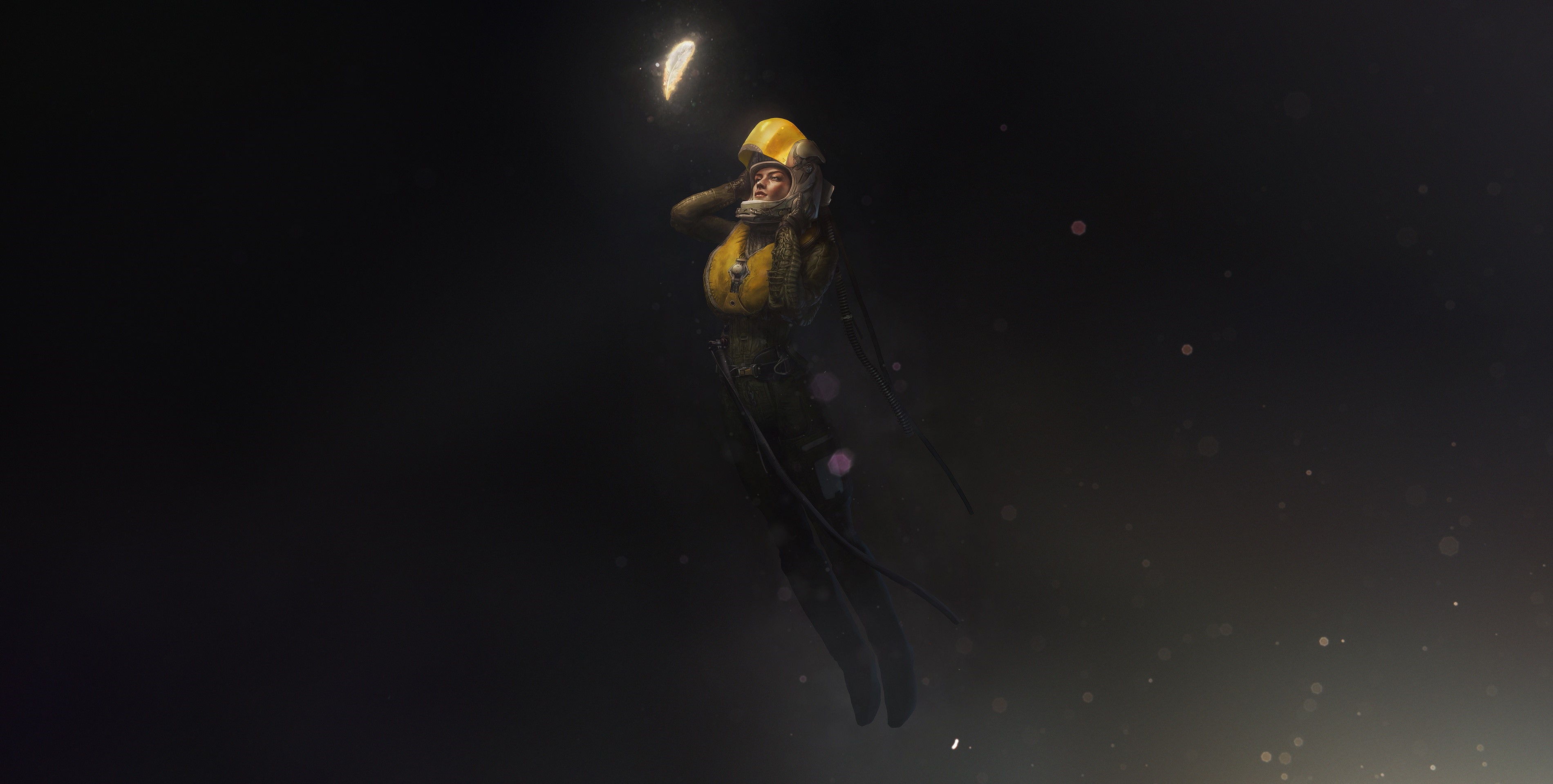 Woman in yellow spacesuit floating in space HD Wallpaper