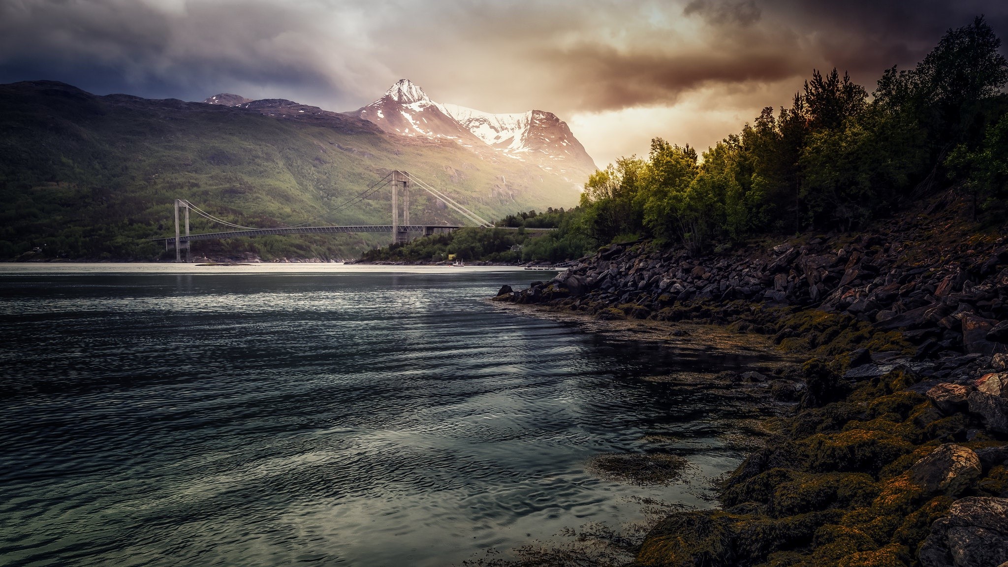 Bridge over water with mountains and trees HD Wallpaper