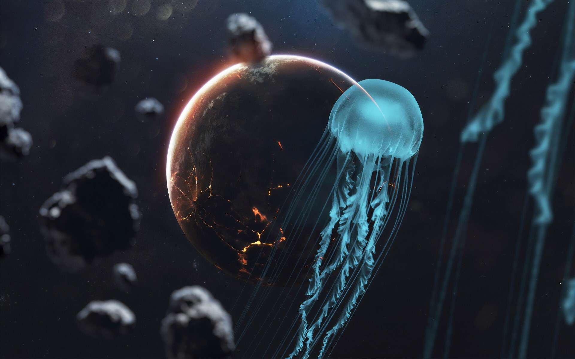 Cyan jellyfish near a glowing planet in space HD Wallpaper