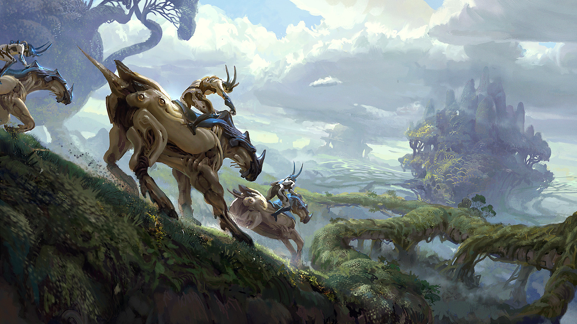 Creatures with riders in a fantasy landscape HD Wallpaper