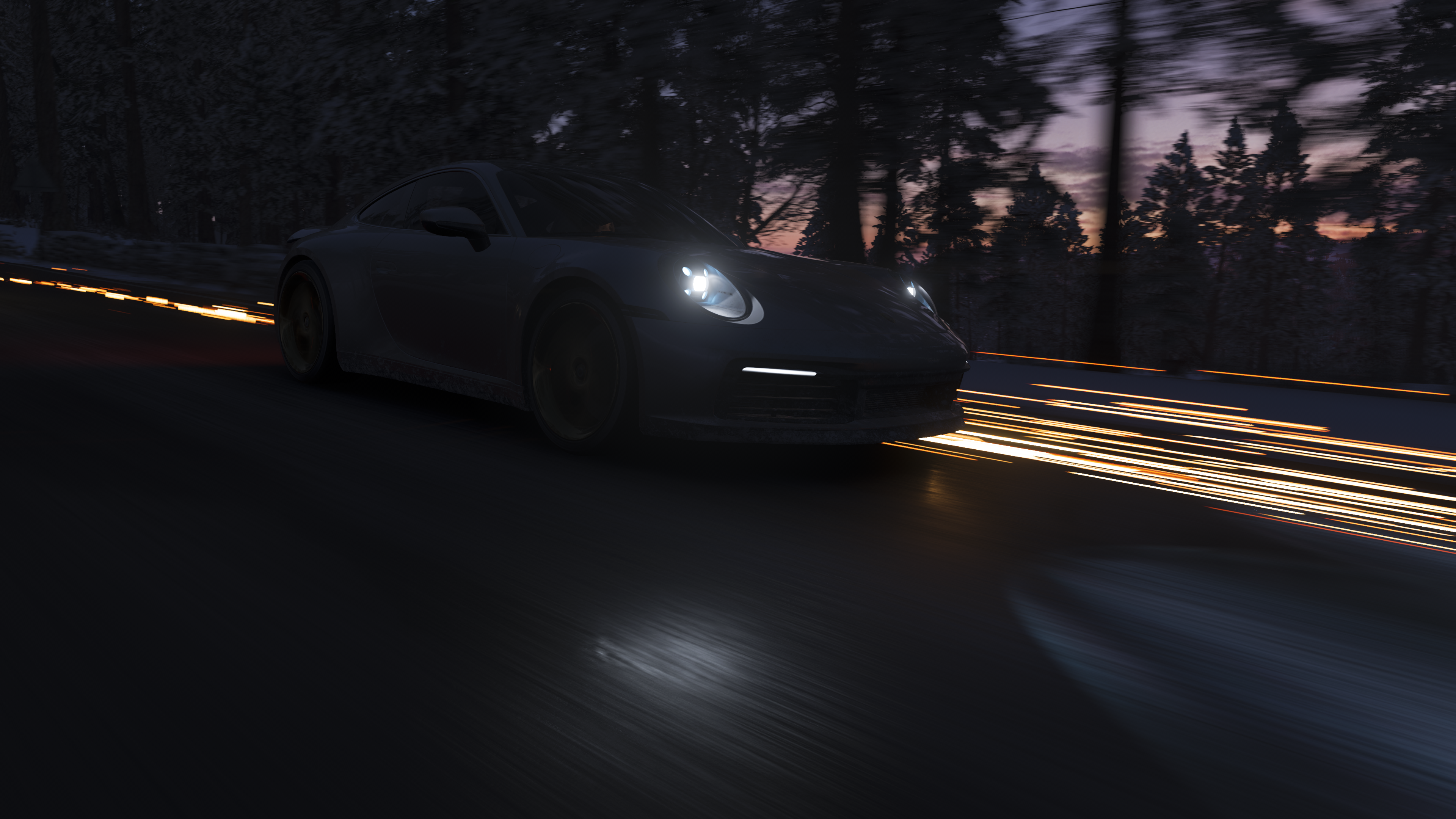 Porsche 911 driving on a road at dusk HD Wallpaper