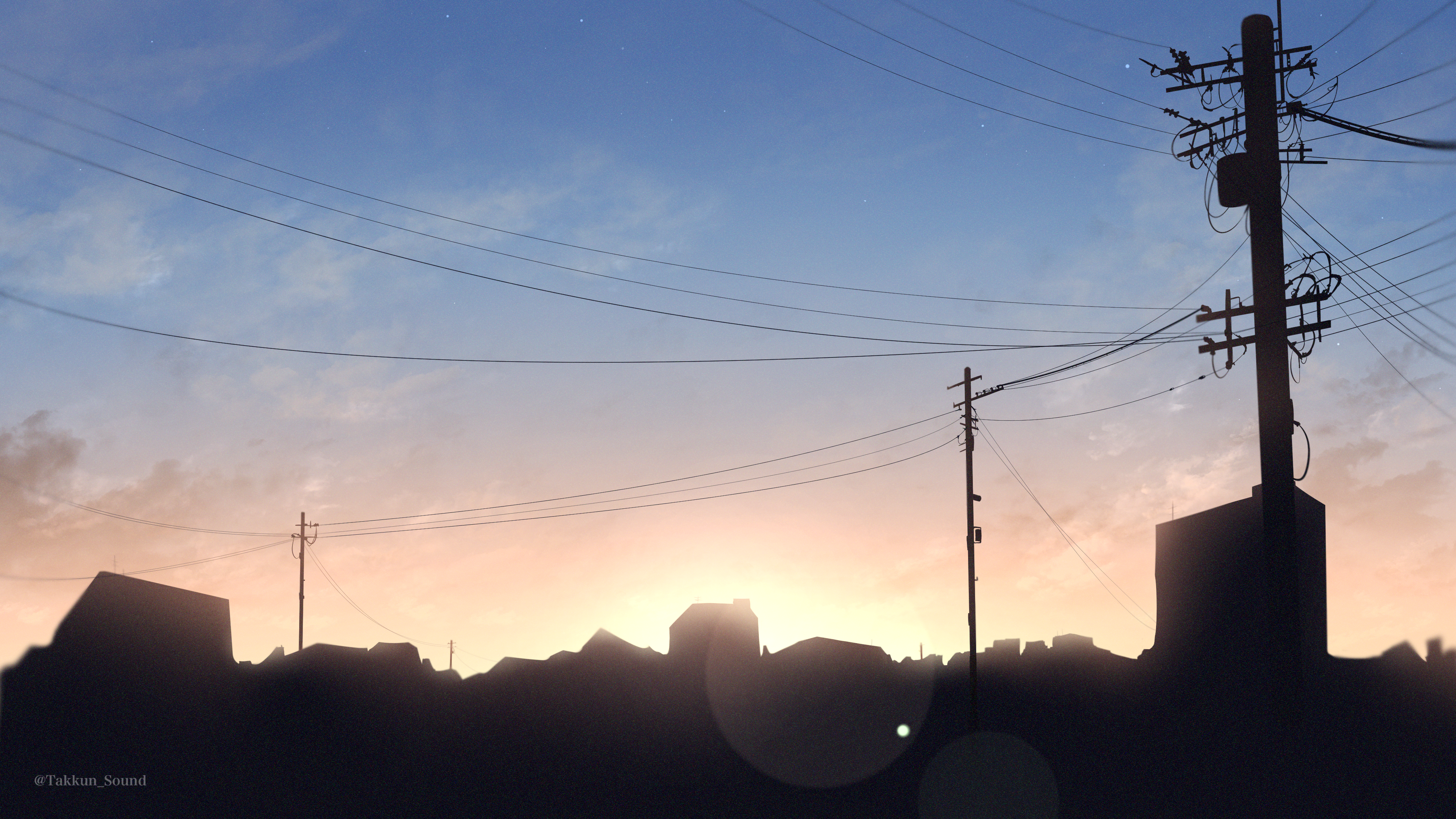 Anime cityscape at sunset with power lines HD Wallpaper