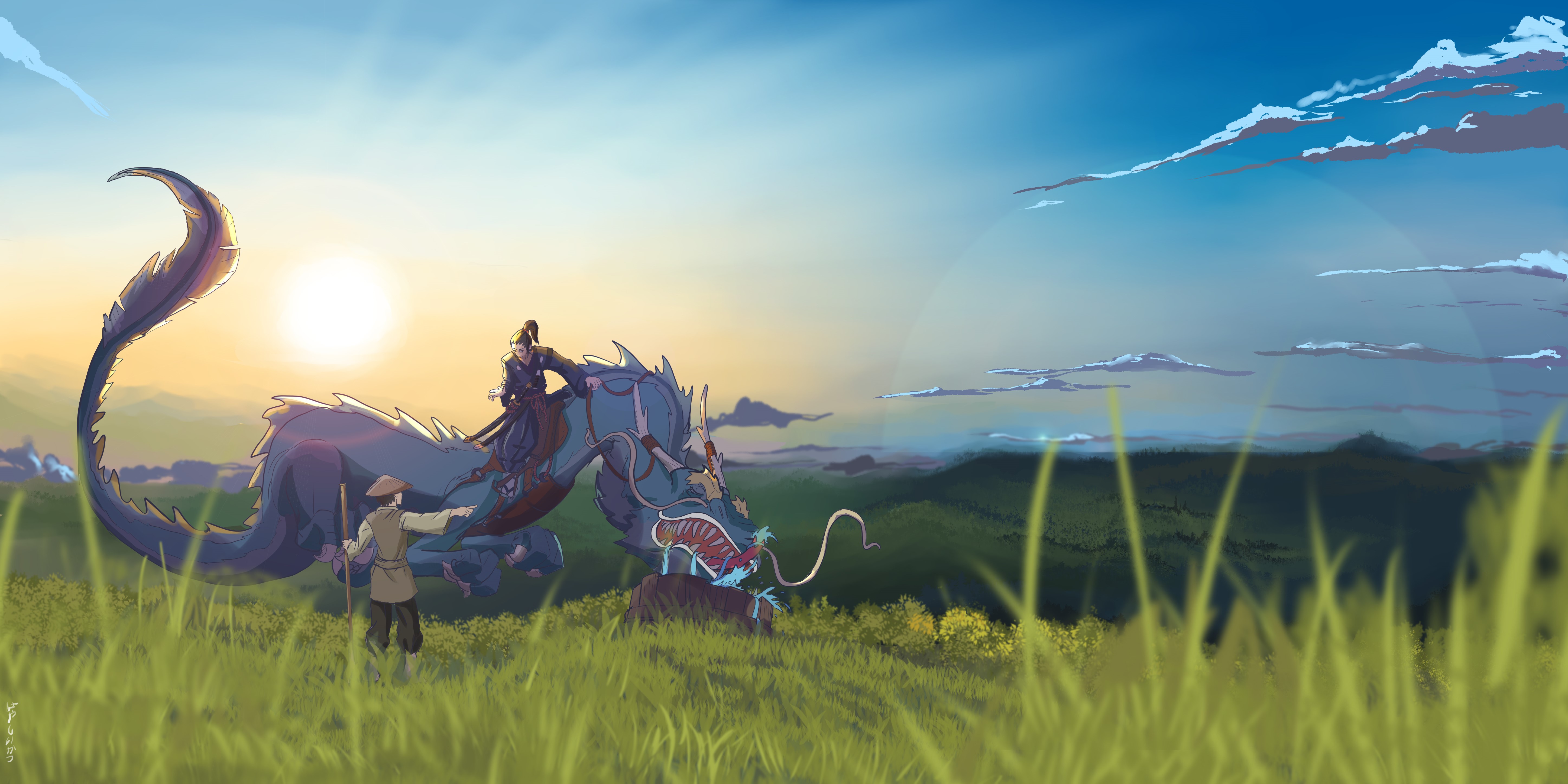 Anime samurai with dragon in a landscape HD Wallpaper