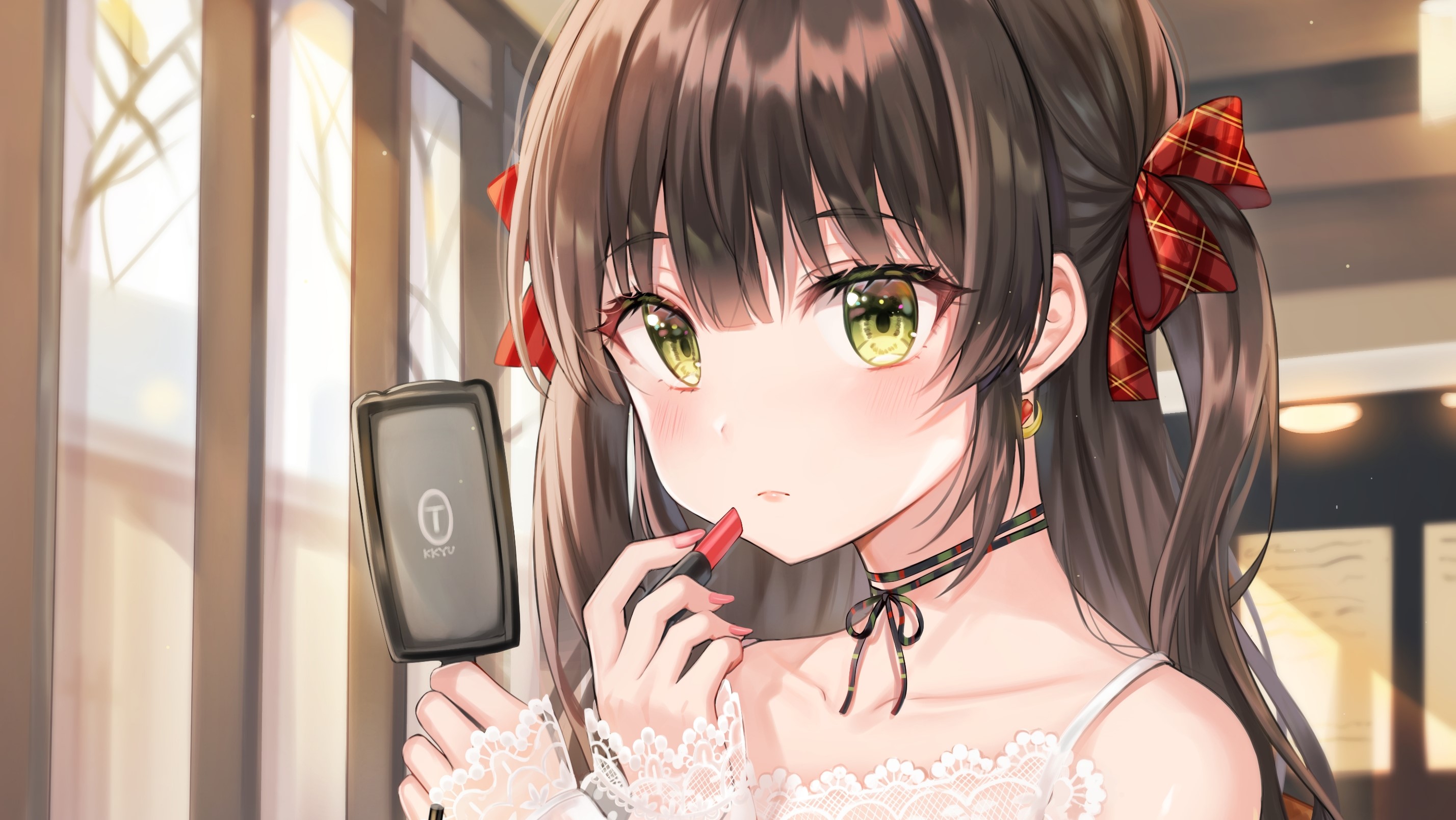 Anime girl applying lipstick in front of a mirror HD Wallpaper