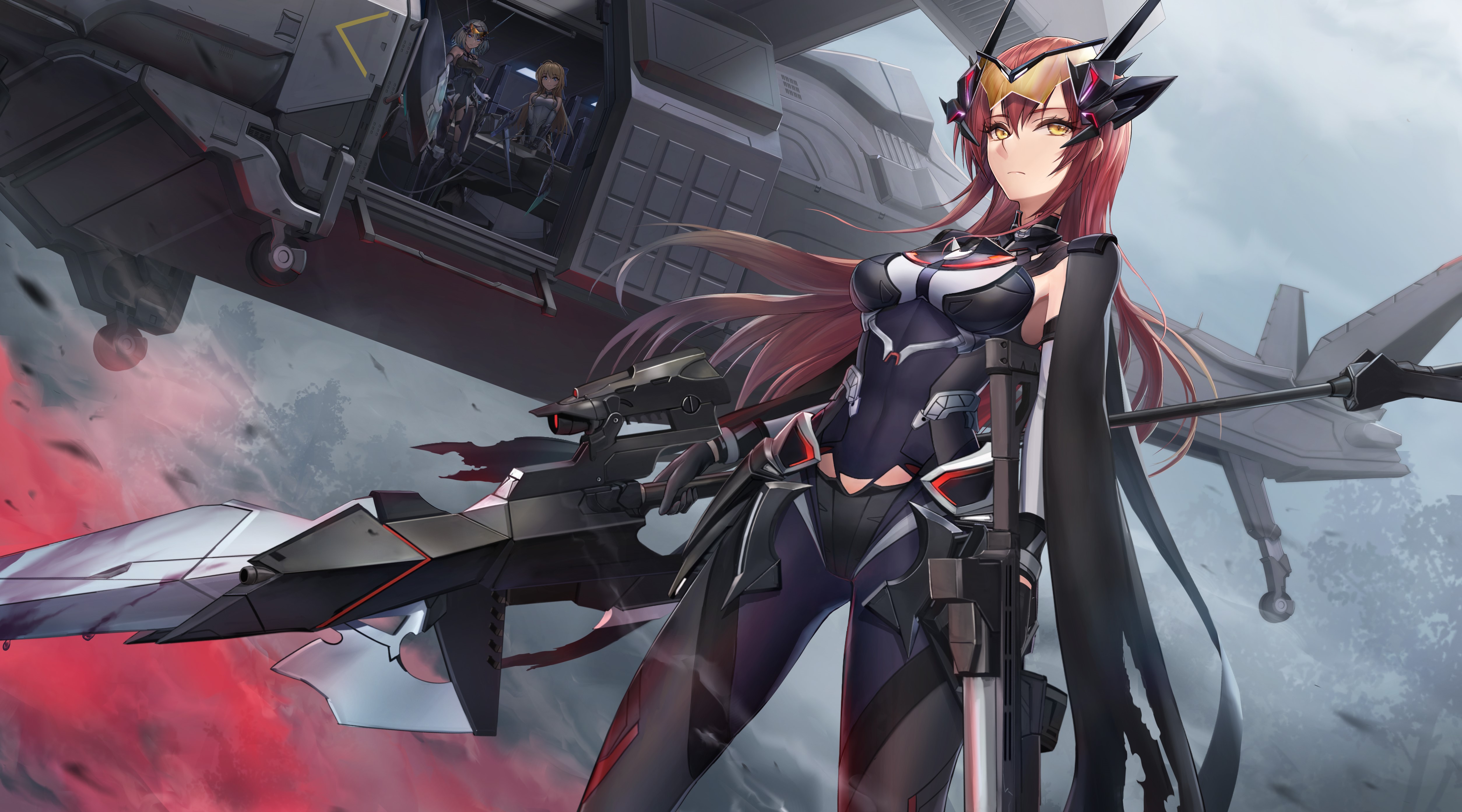 Anime girl with weapon and helicopter HD Wallpaper