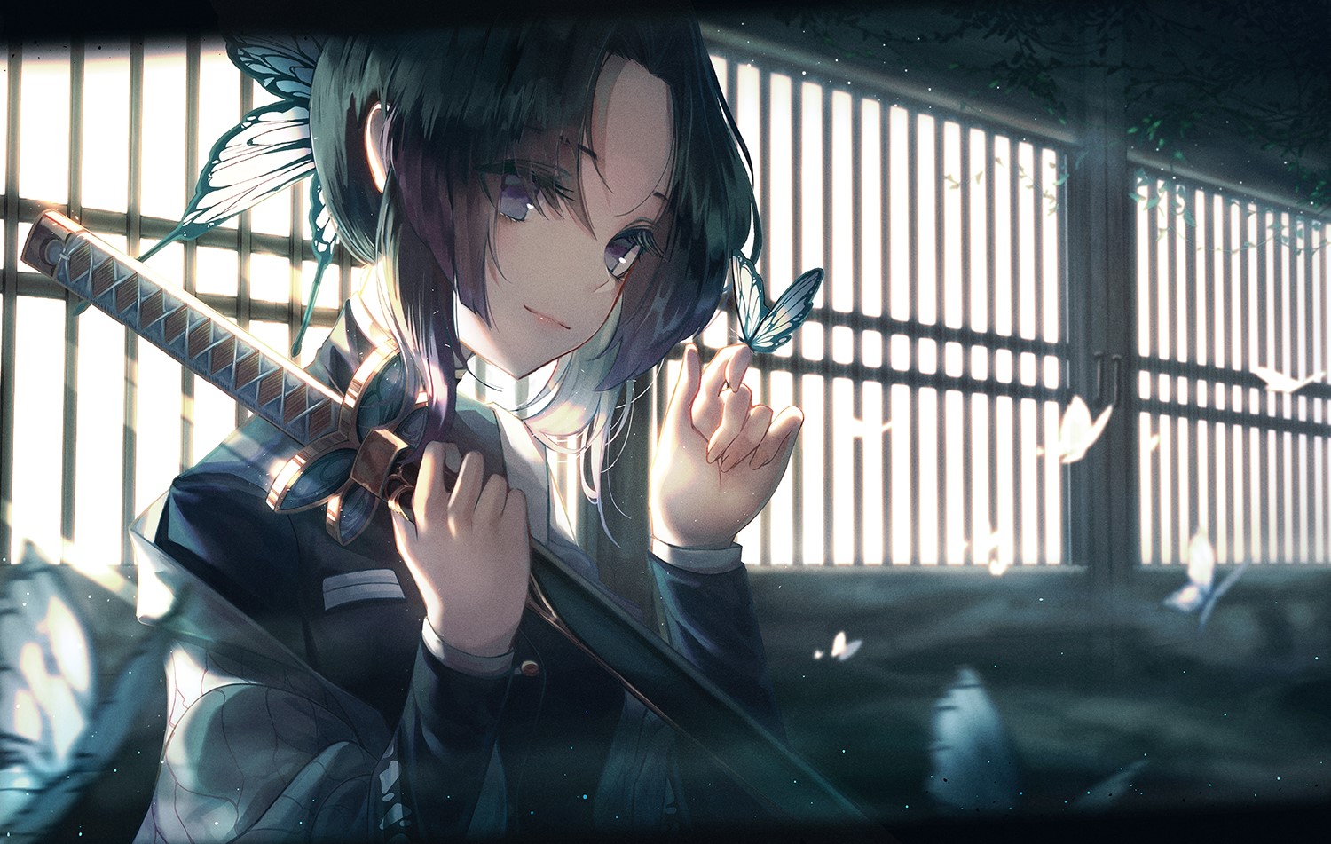 Kochou Shinobu from Kimetsu no Yaiba with butterflies HD Wallpaper