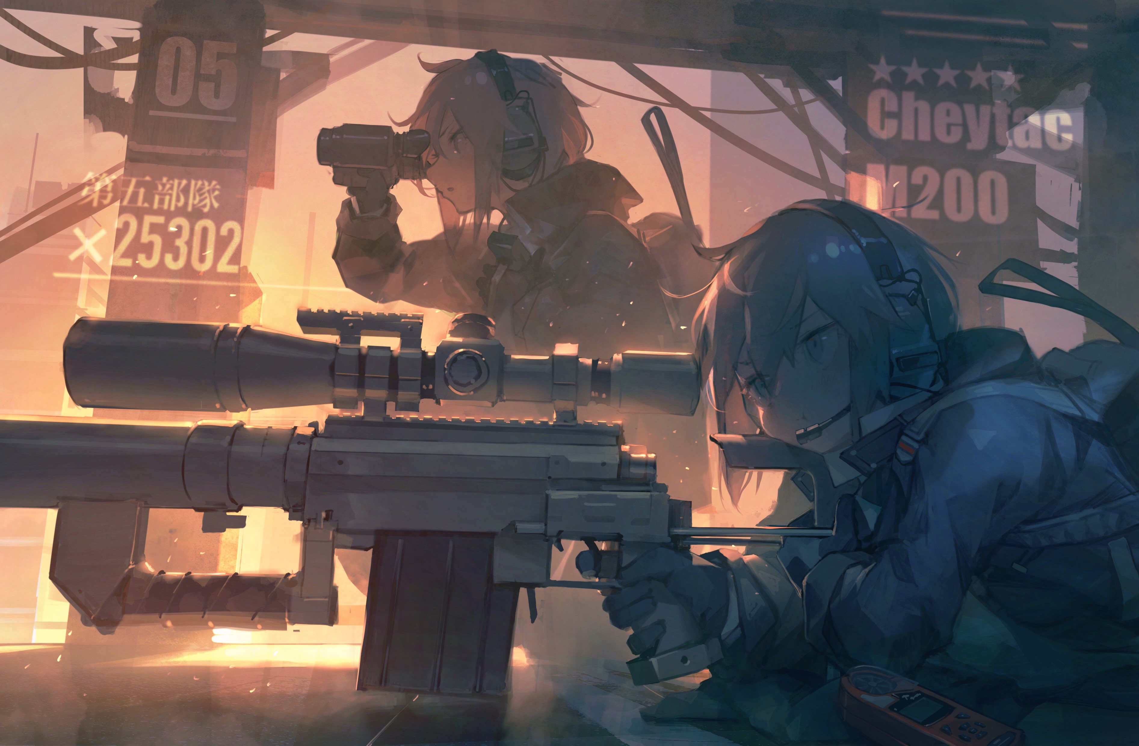 Anime girls with sniper rifle and binoculars HD Wallpaper