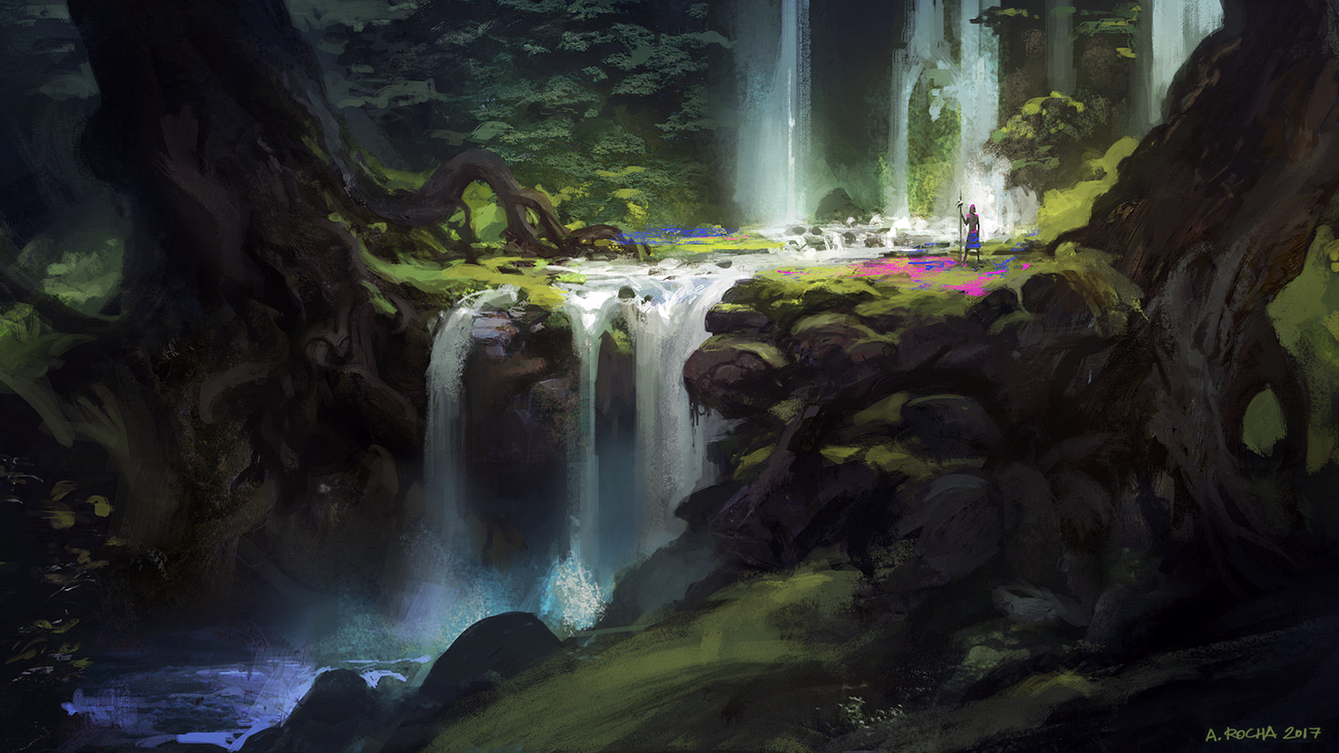Person with staff in a fantasy forest with waterfalls HD Wallpaper
