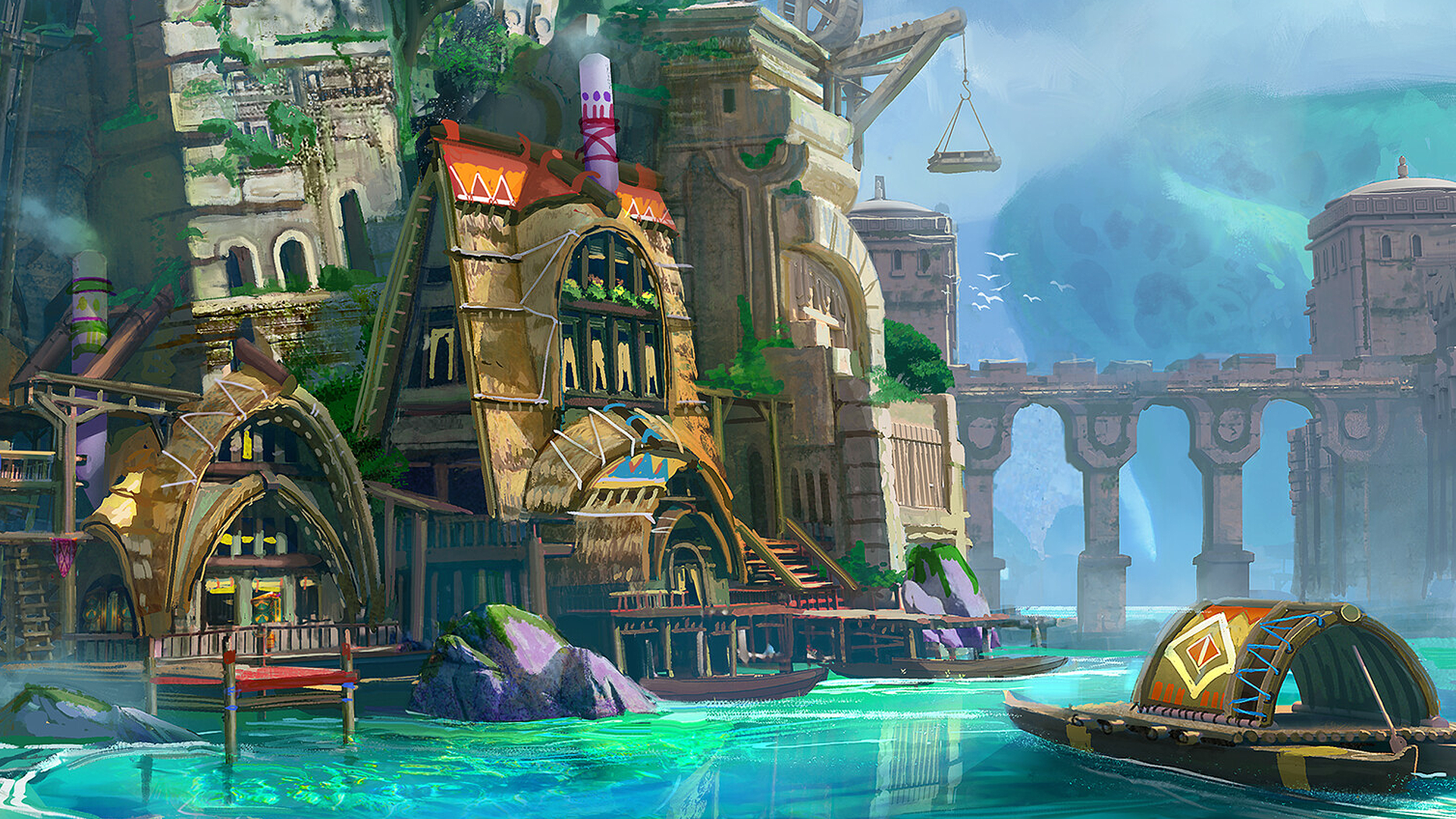 Fantasy village with boats on turquoise water HD Wallpaper
