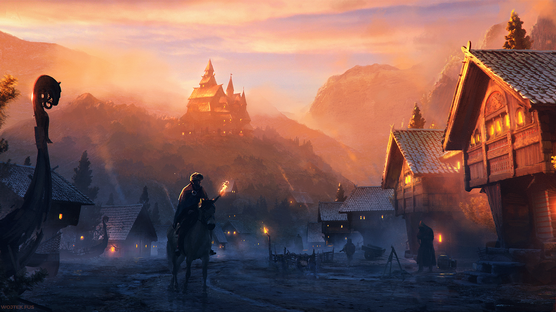 Fantasy village with castle at sunset by Wojtek Fus HD Wallpaper