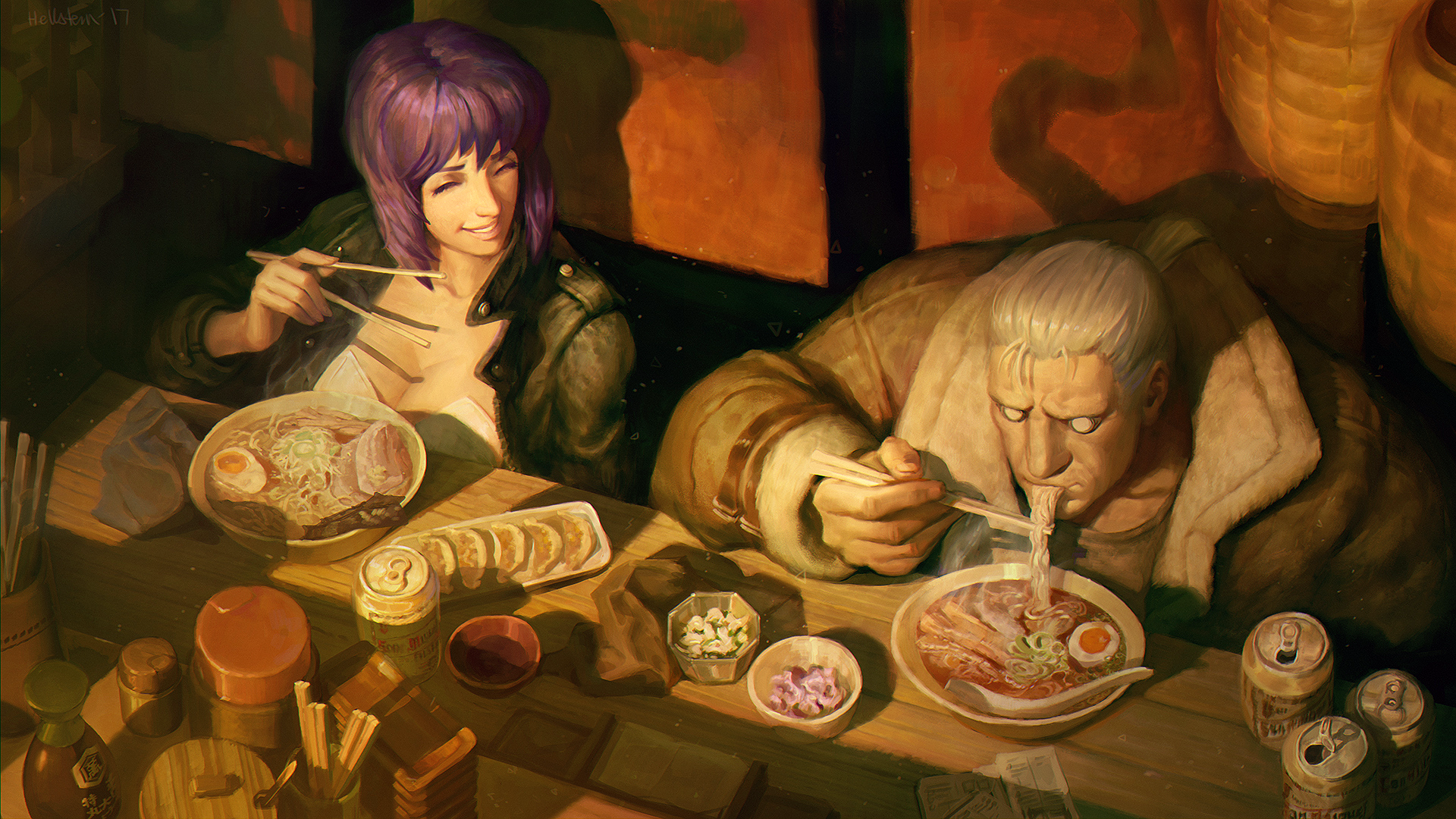 Motoko Kusanagi and Batou from Ghost in the Shell eating ramen HD Wallpaper