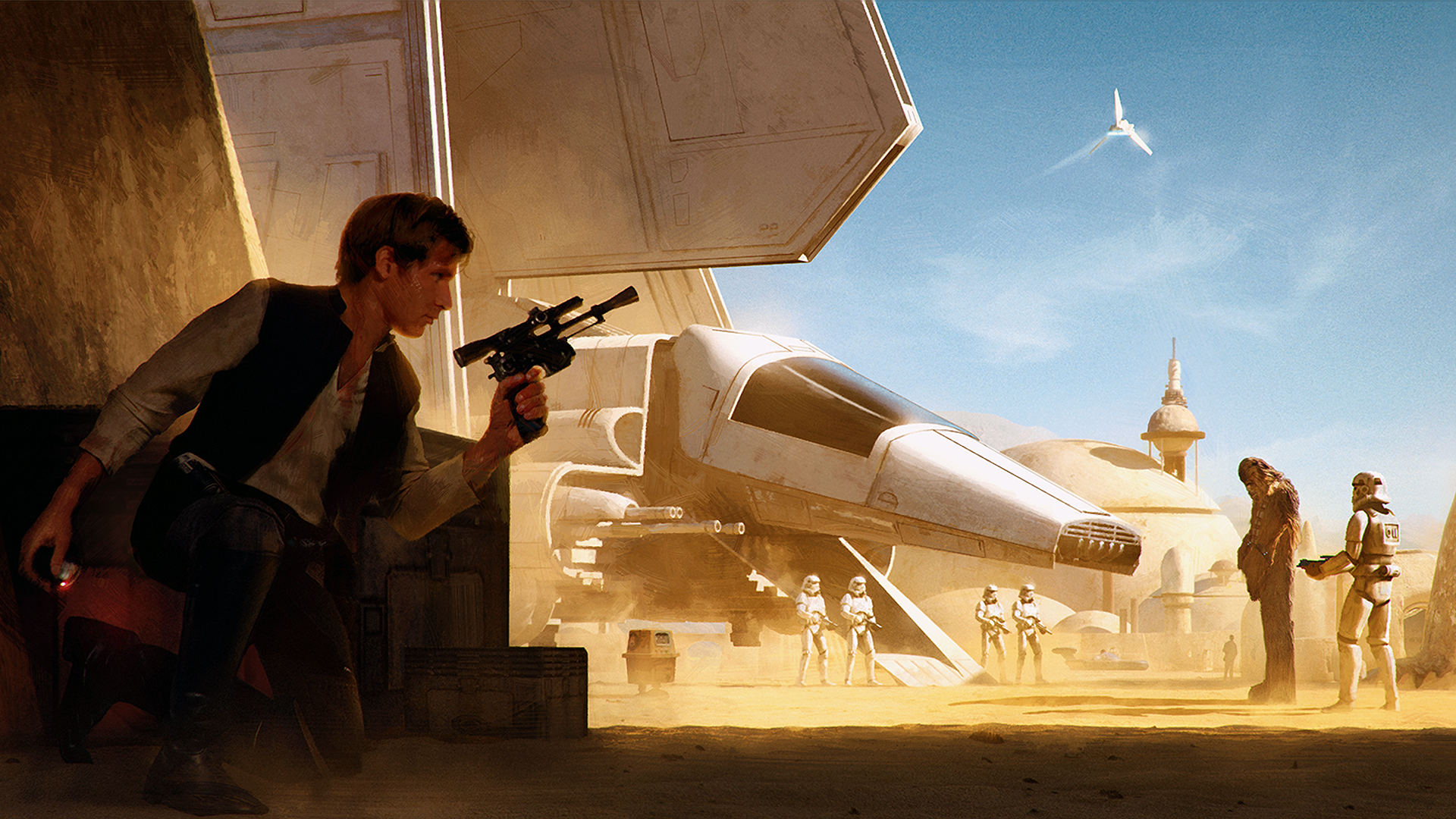Han Solo and Chewbacca with Stormtroopers and spaceship on Tatooine HD Wallpaper