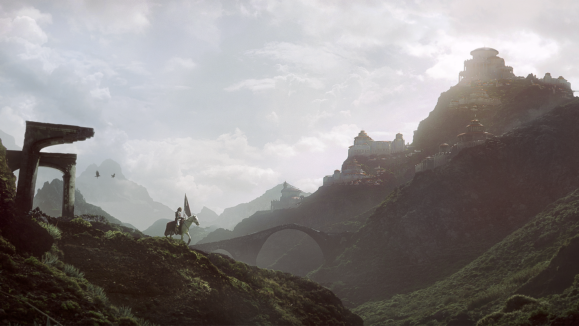 Fantasy landscape with knight on horseback and city on mountain HD Wallpaper