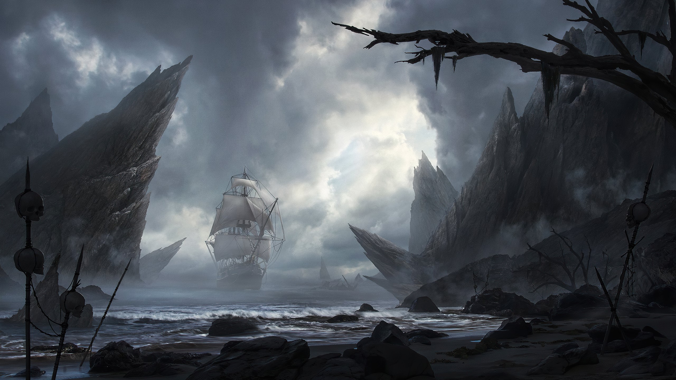 Sailing ship in a misty, rocky cove with skulls on spikes HD Wallpaper