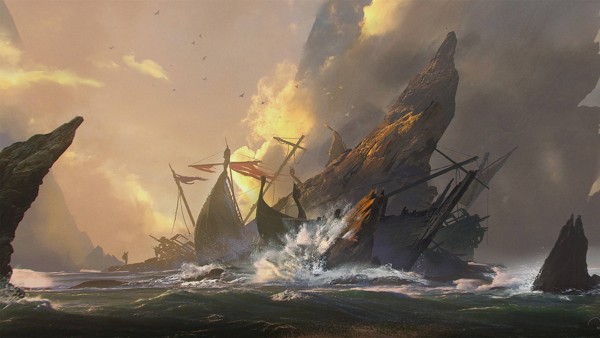 Shipwrecked sailing ships near rocky cliffs HD Wallpaper