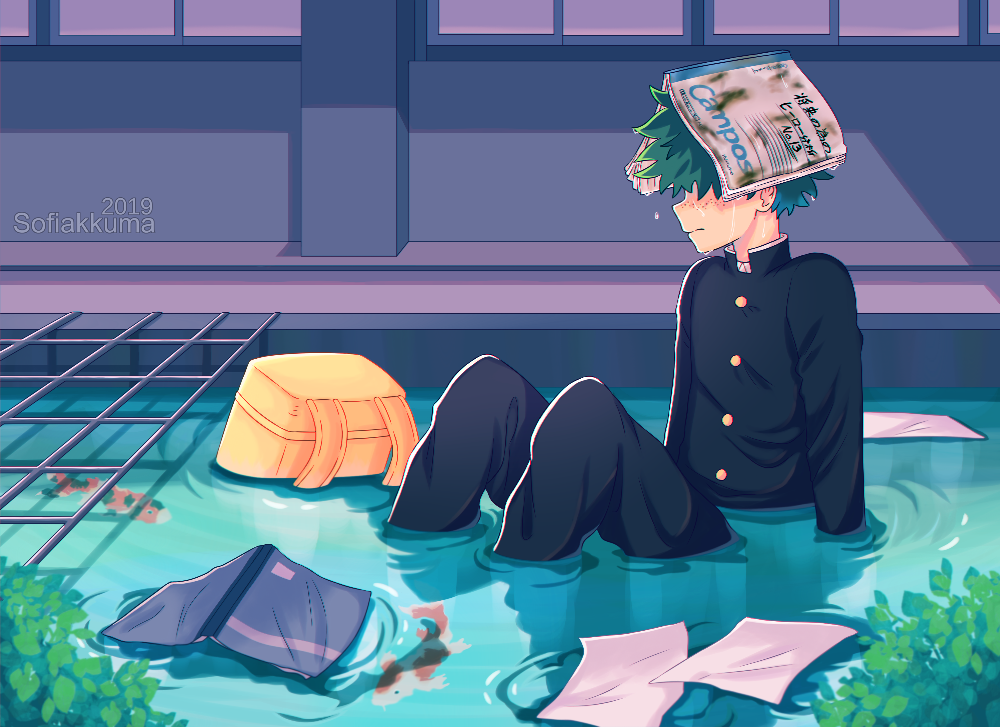 Izuku Midoriya from Boku no Hero Academia sitting in floodwater HD Wallpaper