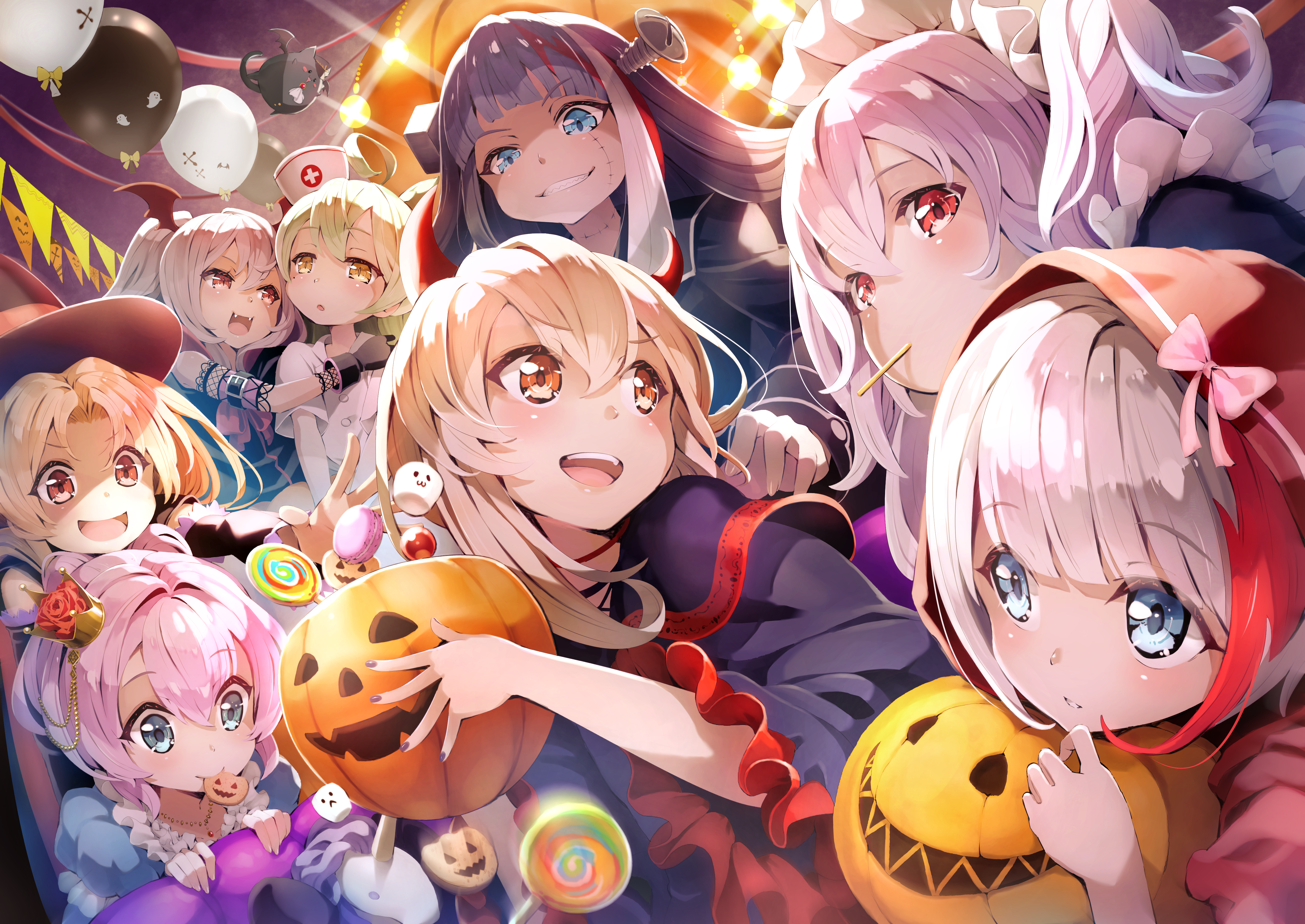 Anime girls in Halloween costumes with pumpkins and candy HD Wallpaper