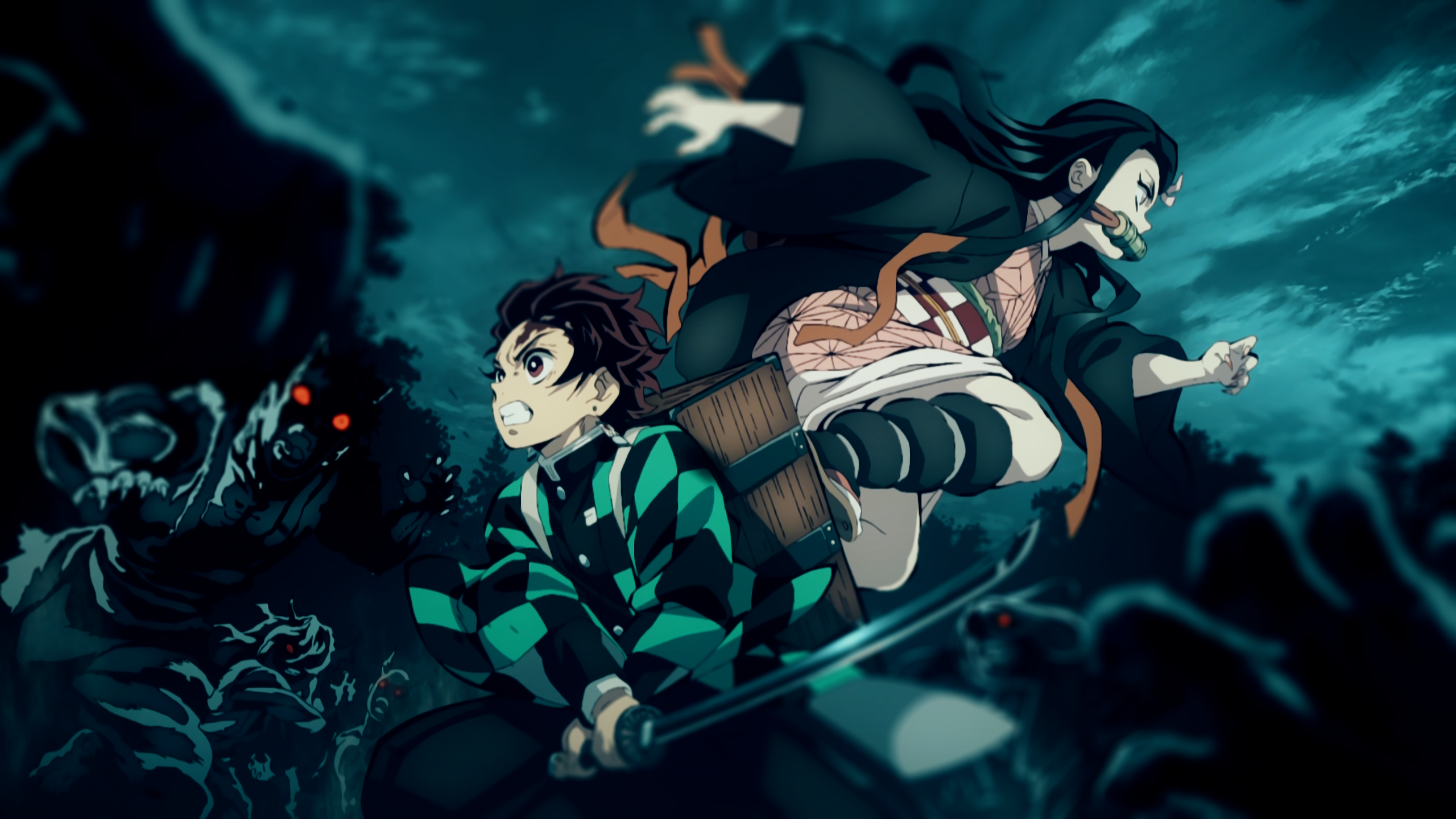 Tanjiro and Nezuko from Demon Slayer fighting demons HD Wallpaper