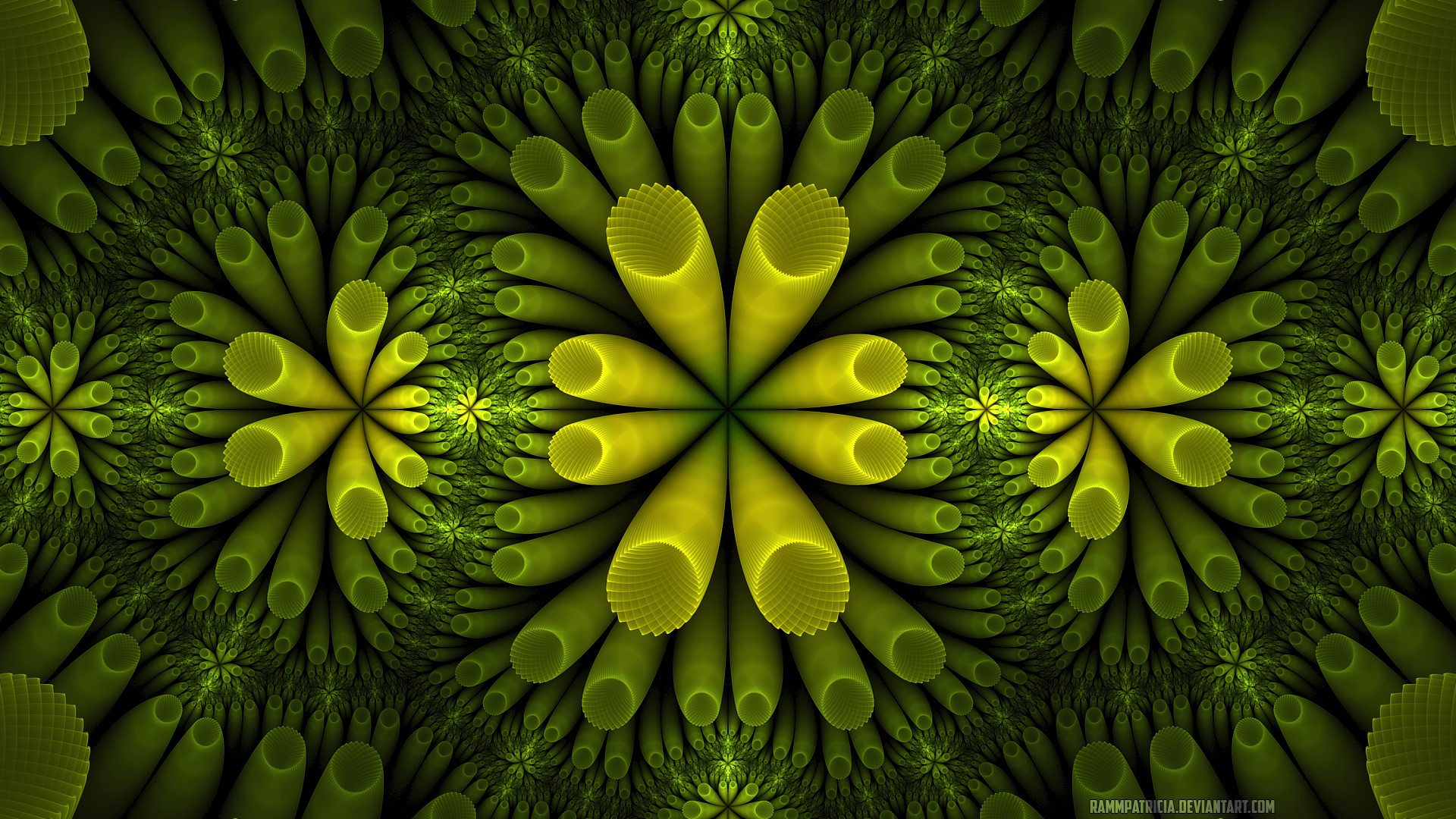 Abstract fractal art with green tubular structures HD Wallpaper