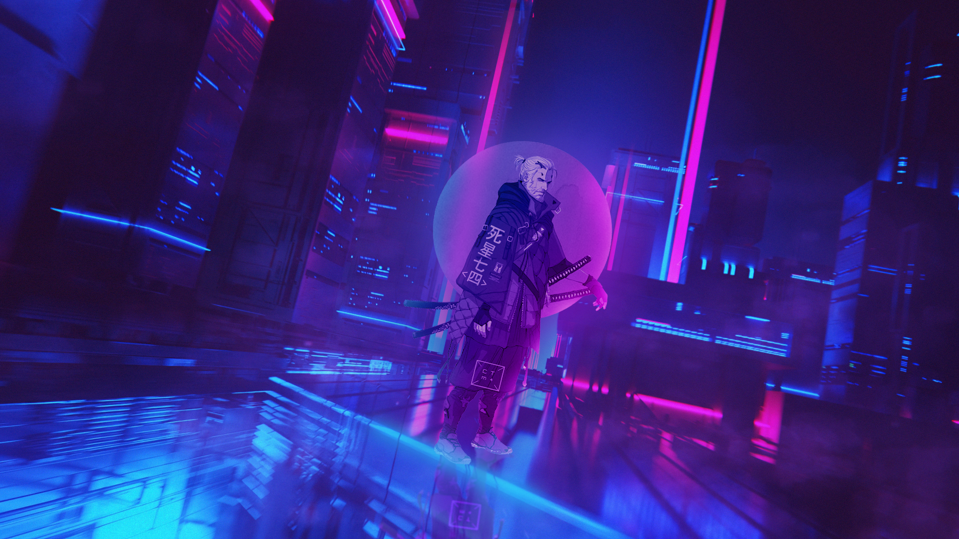 Cyberpunk Samurai in a Neon City HD Wallpaper