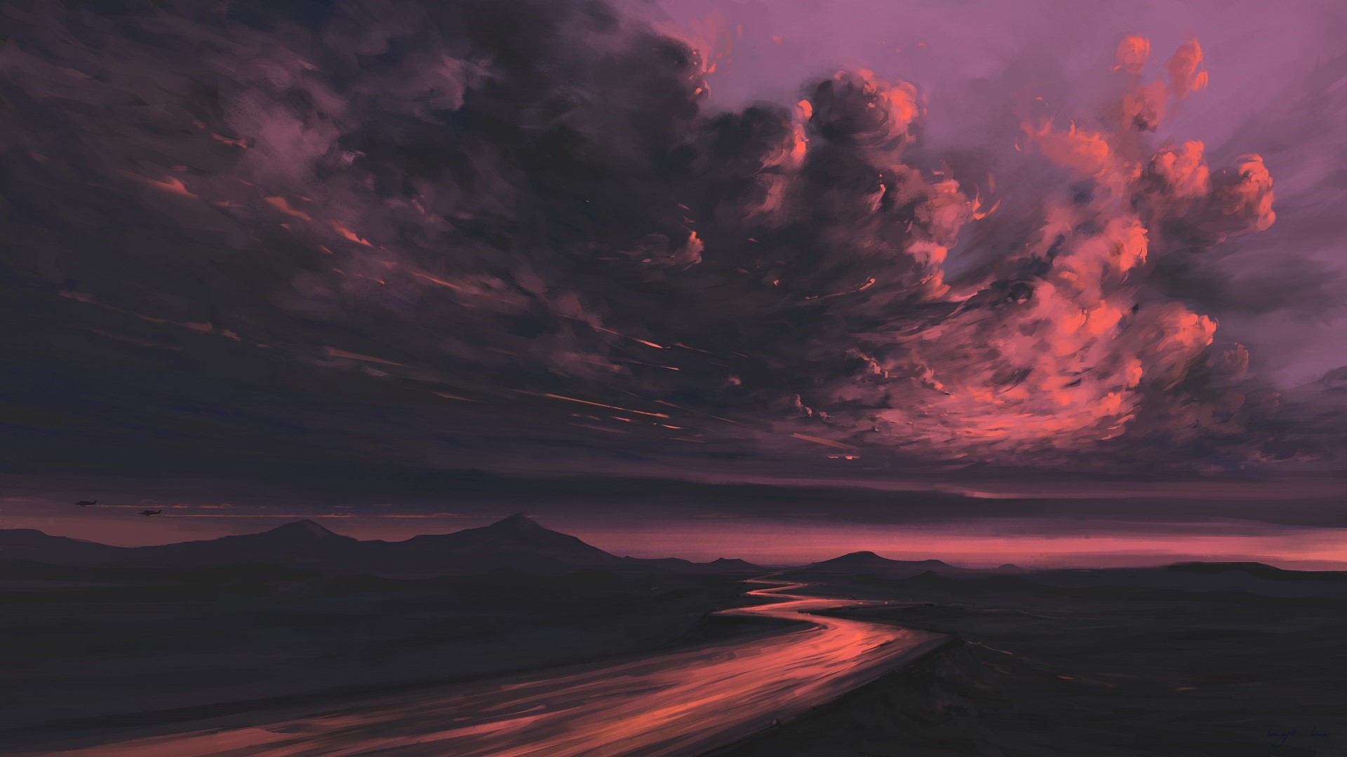 Artwork of a river flowing through mountains at sunset with planes in the sky HD Wallpaper