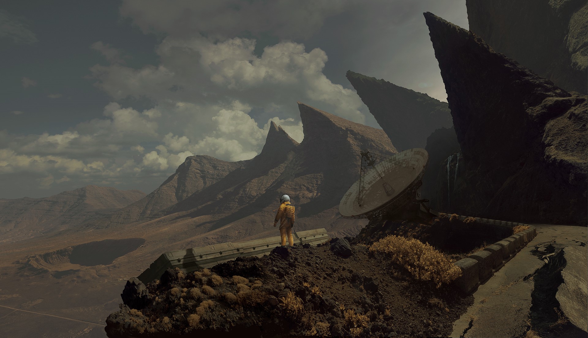 Astronaut on a desolate alien planet with mountains and satellite dish HD Wallpaper