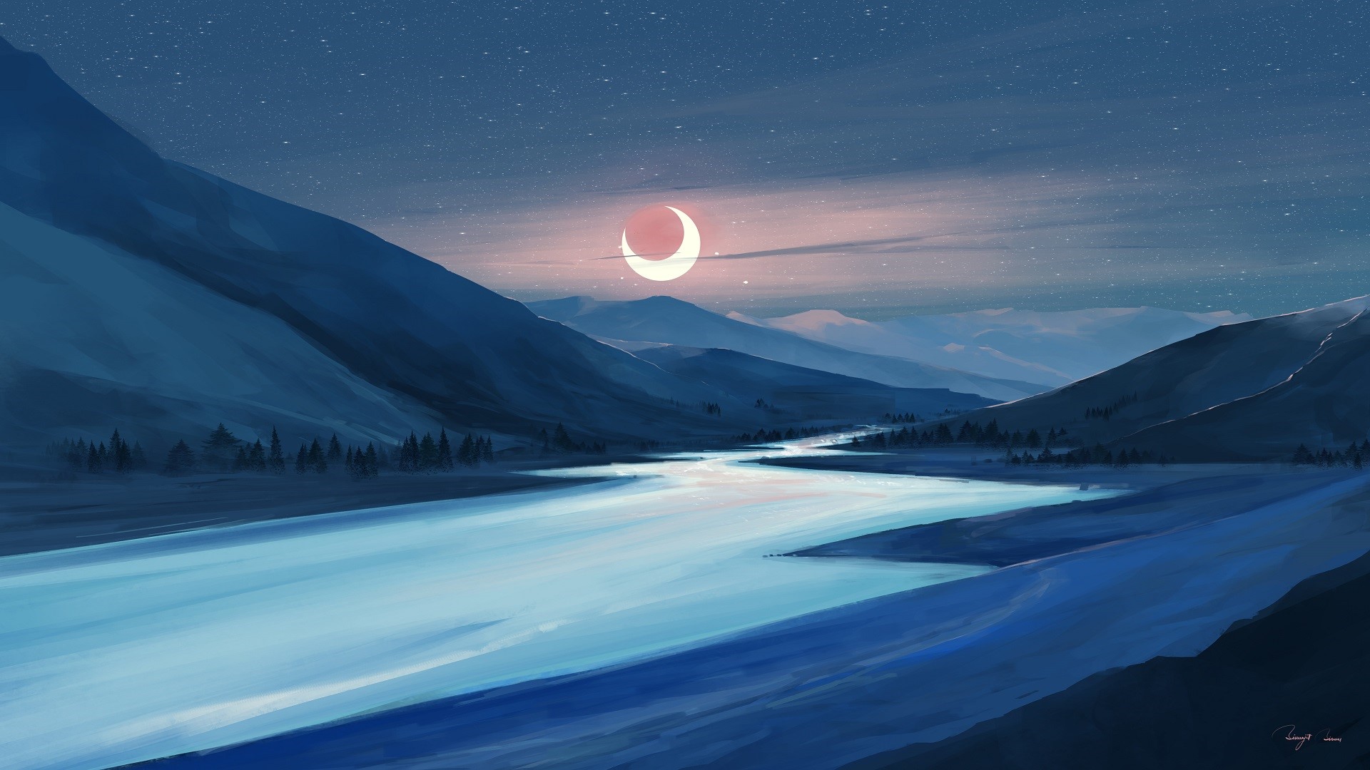 Artwork of mountains, river, and eclipse by BisBiswas HD Wallpaper